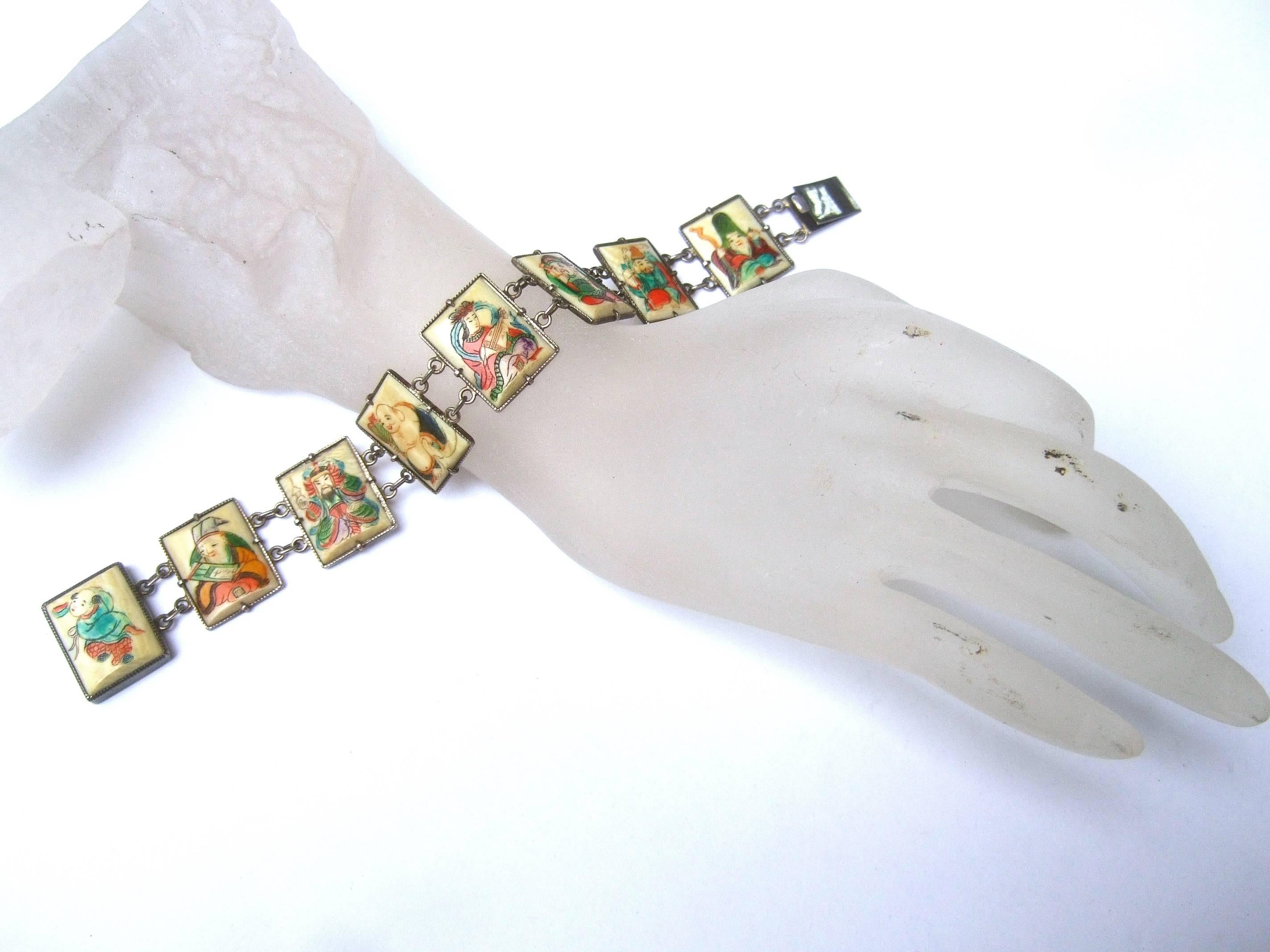 Exotic Chinese Eight Immortals Sterling Link Bracelet ca 1930s  2