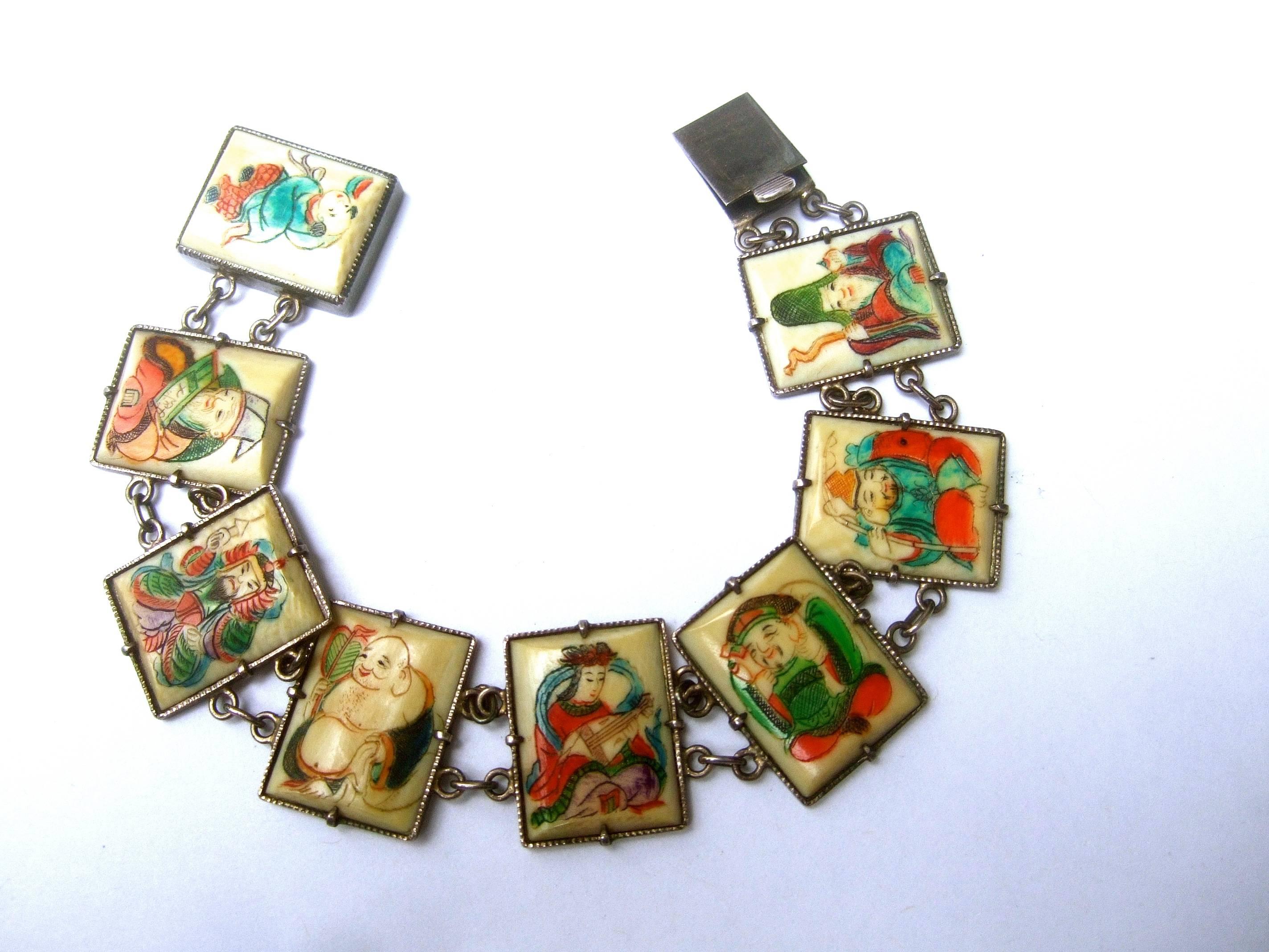 Exotic Chinese Eight Immortals Sterling Link Bracelet ca 1930s  In Excellent Condition In University City, MO