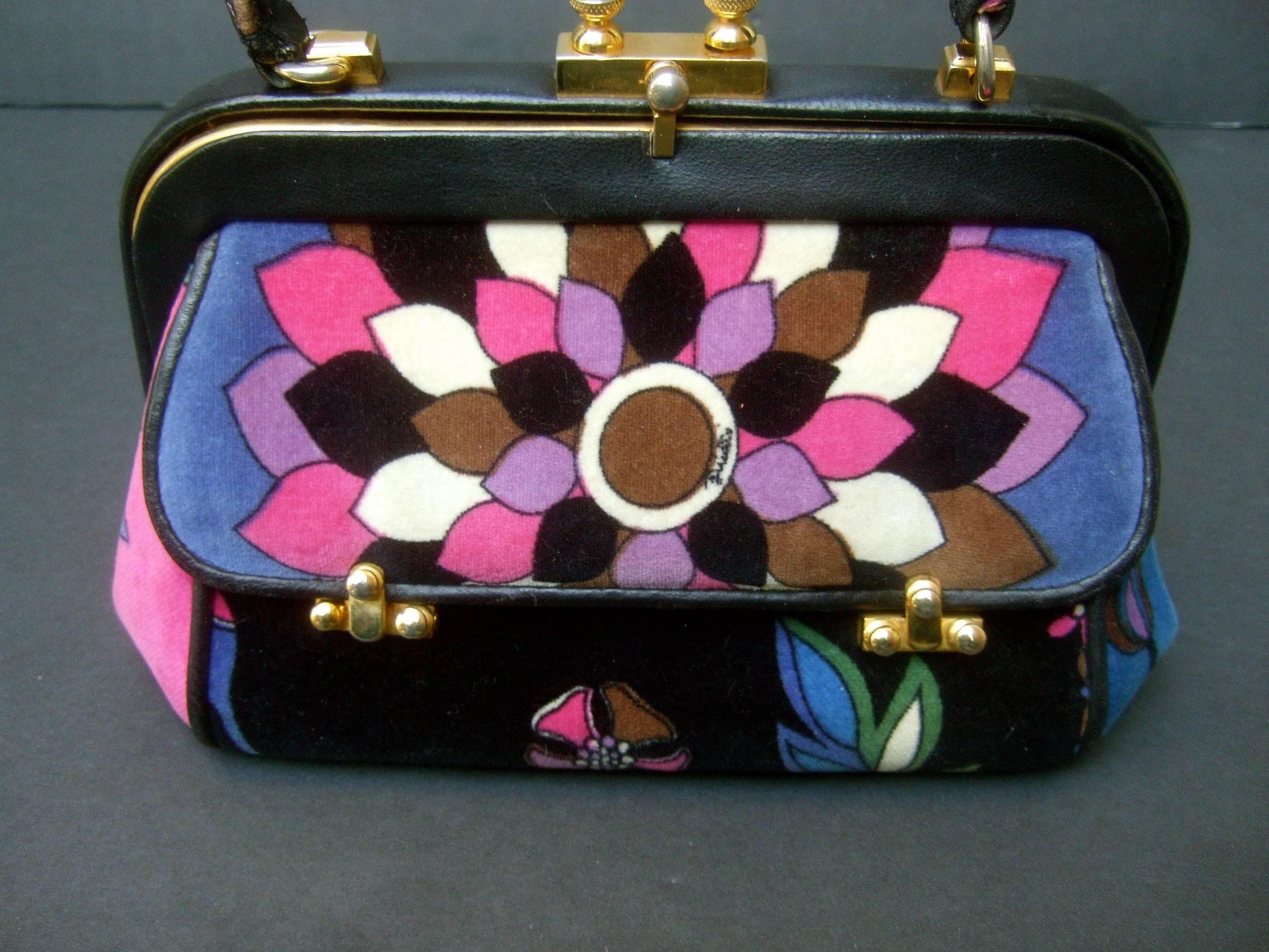 Emilio Pucci Rare Velvet Leather Trim Handbag ca 1970 In Good Condition In University City, MO