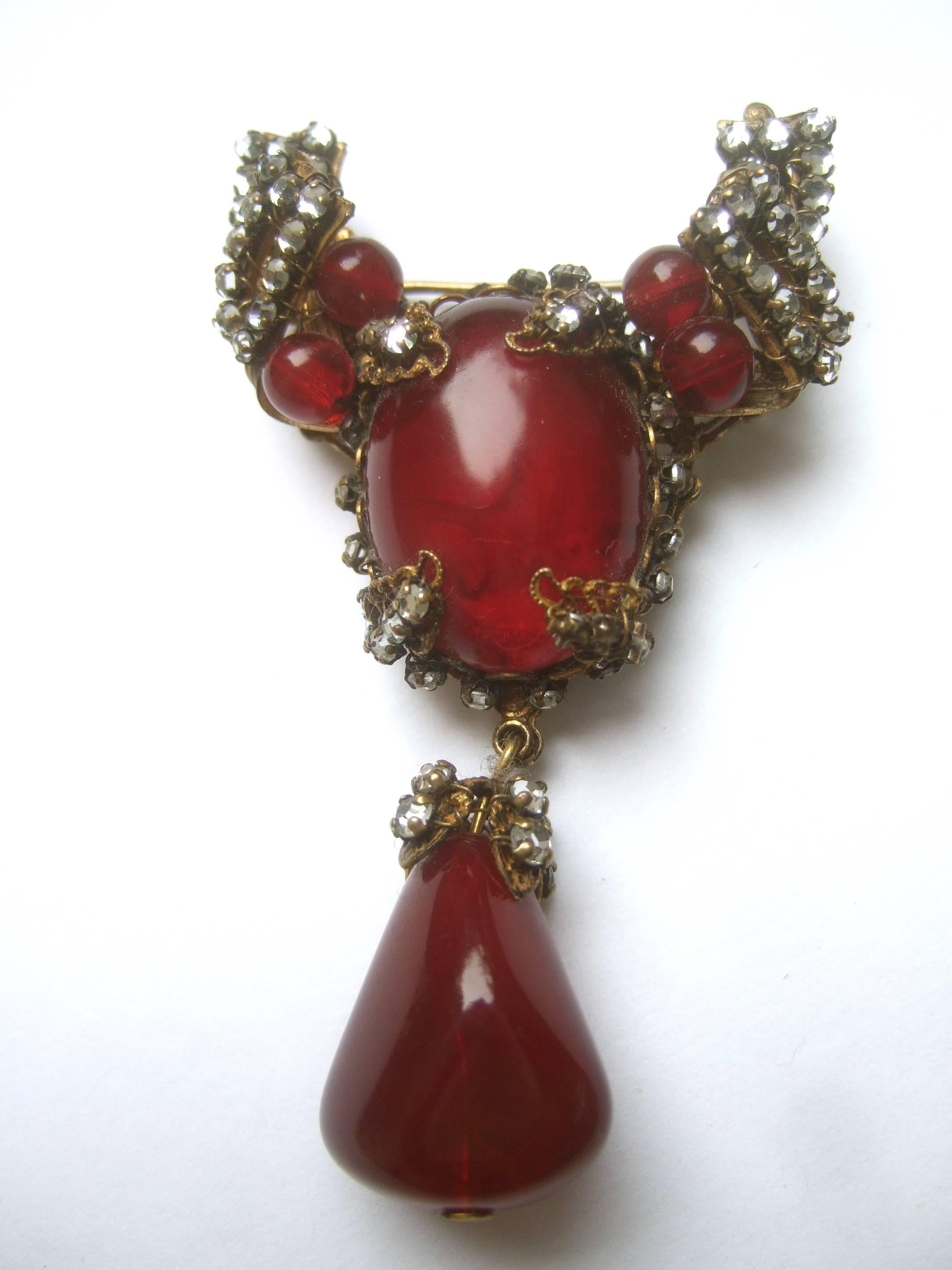Women's Miriam Haskell Exquisite Scarlet Glass Tear Drop Brooch ca 1950s