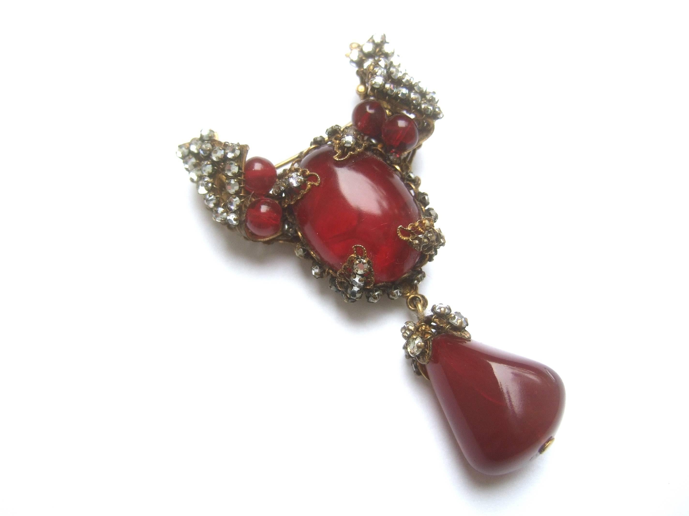 Miriam Haskell Exquisite Scarlet Glass Tear Drop Brooch ca 1950s 1