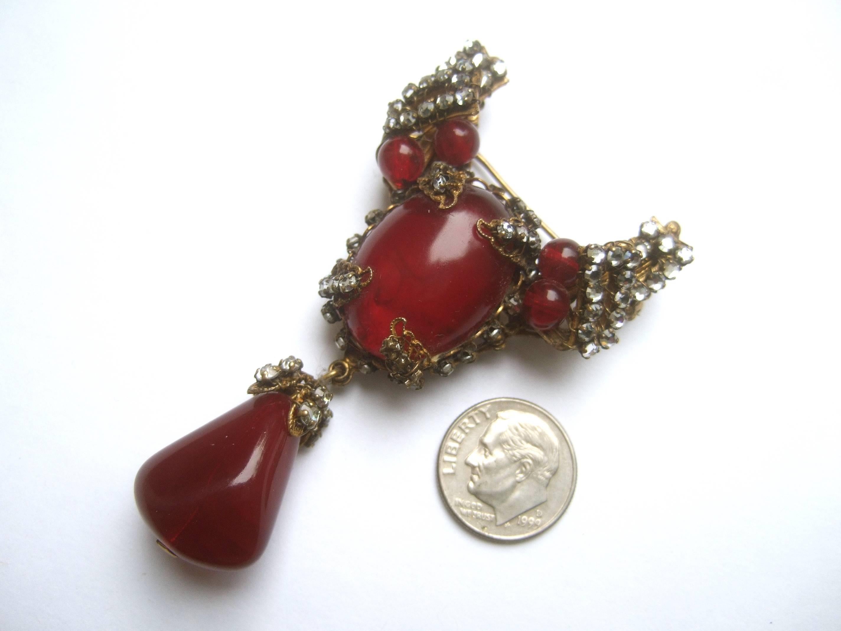 Miriam Haskell Exquisite Scarlet Glass Tear Drop Brooch ca 1950s 3