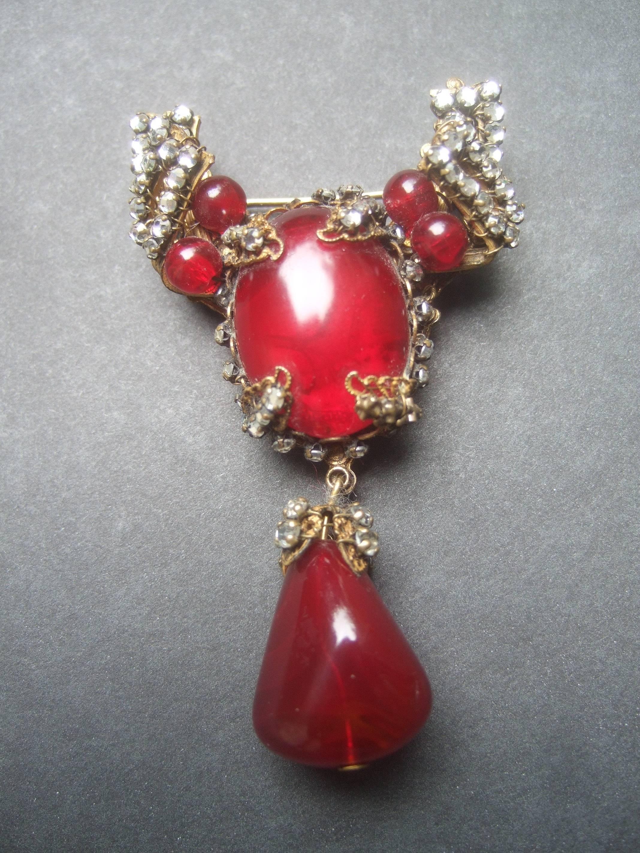 Miriam Haskell Exquisite Scarlet Glass Tear Drop Brooch ca 1950s 4