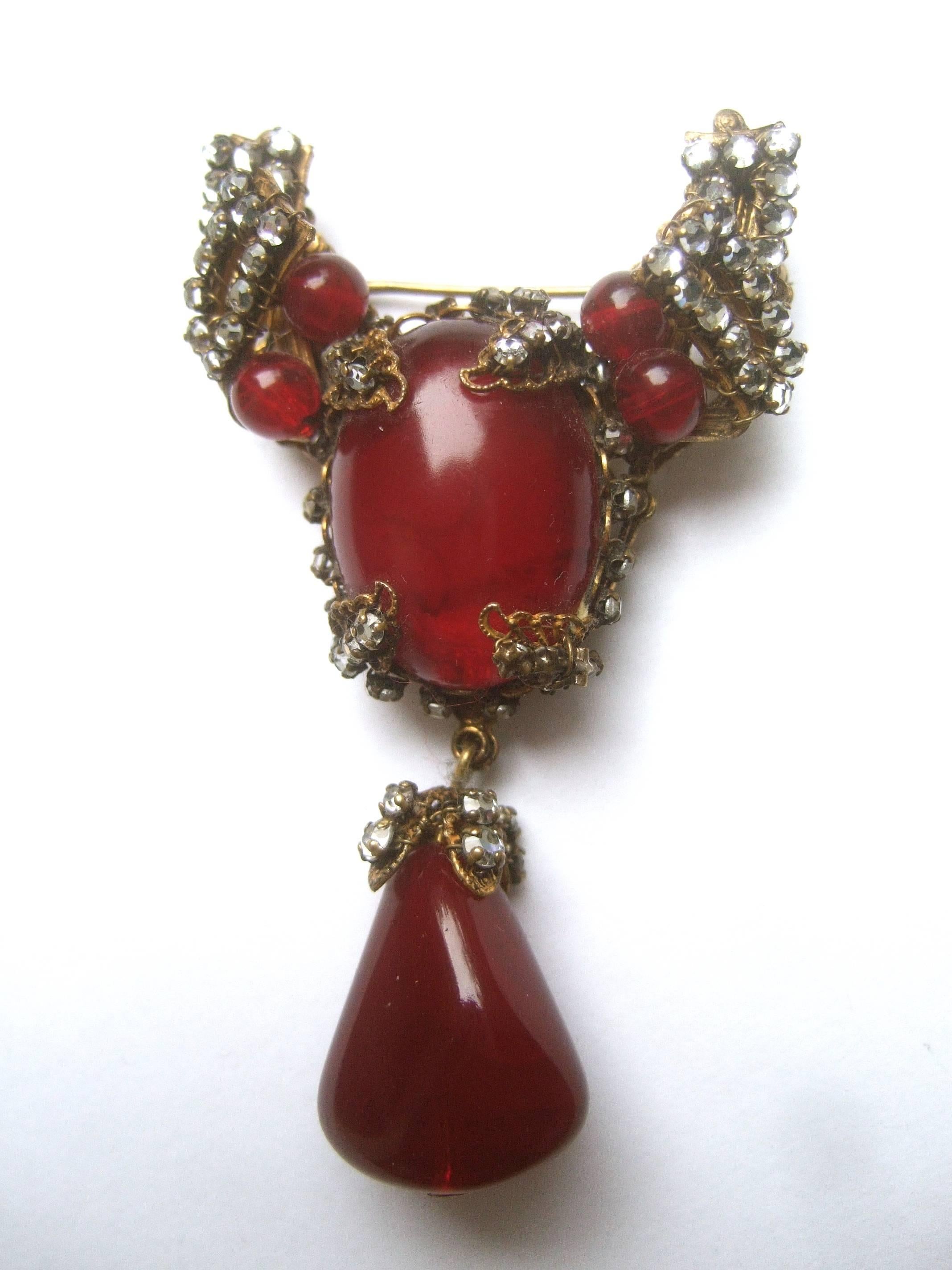 Miriam Haskell Exquisite Scarlet Glass Tear Drop Brooch ca 1950s 2