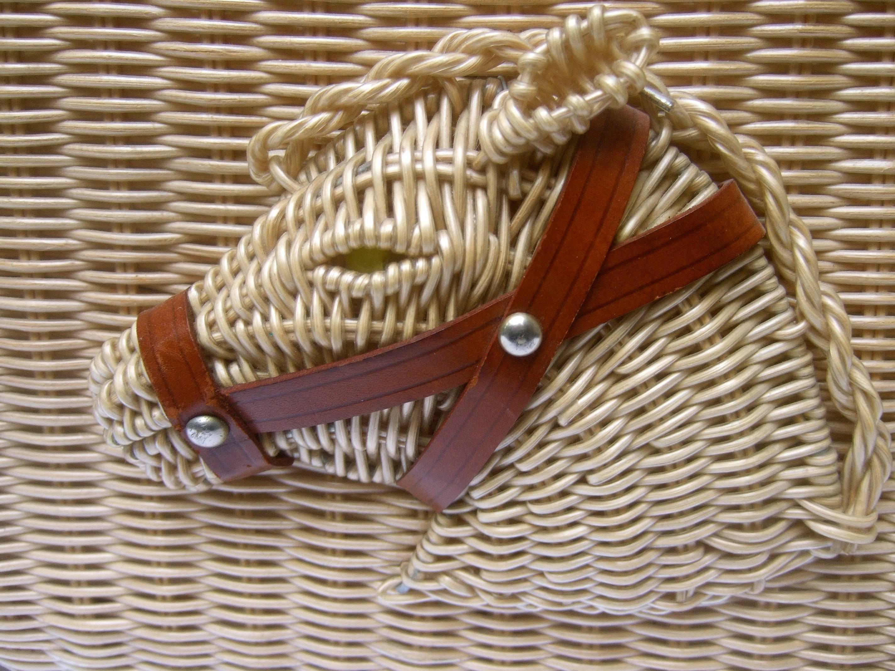 Brown Unique Wicker Horse Head Leather Trim Handbag ca 1960 