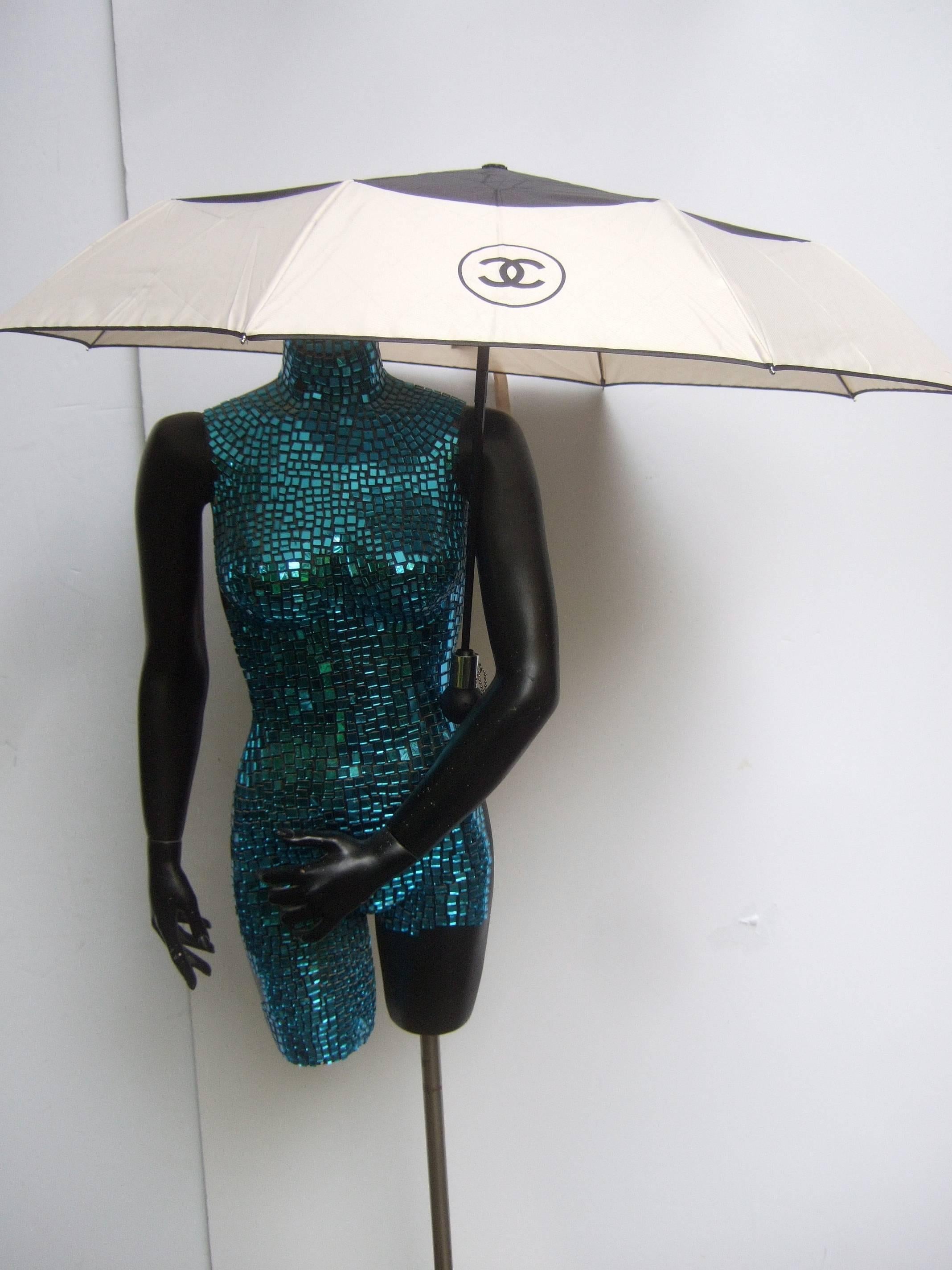 Women's or Men's Chanel Stylish Black and Ivory Nylon Umbrella in Chanel Box