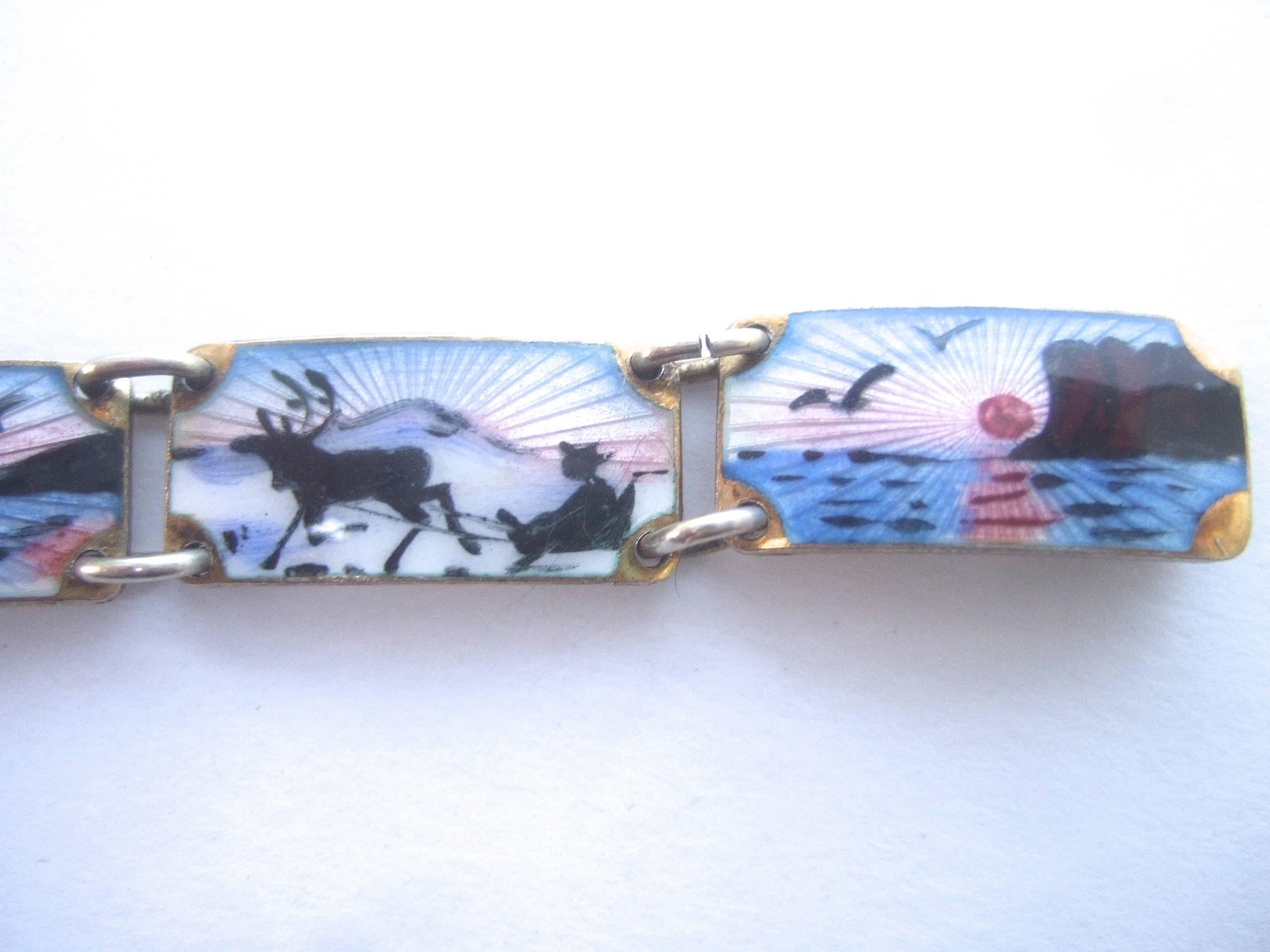 Artisan Norway Sterling Silver Guilloche Enamel Link Bracelet ca 1960