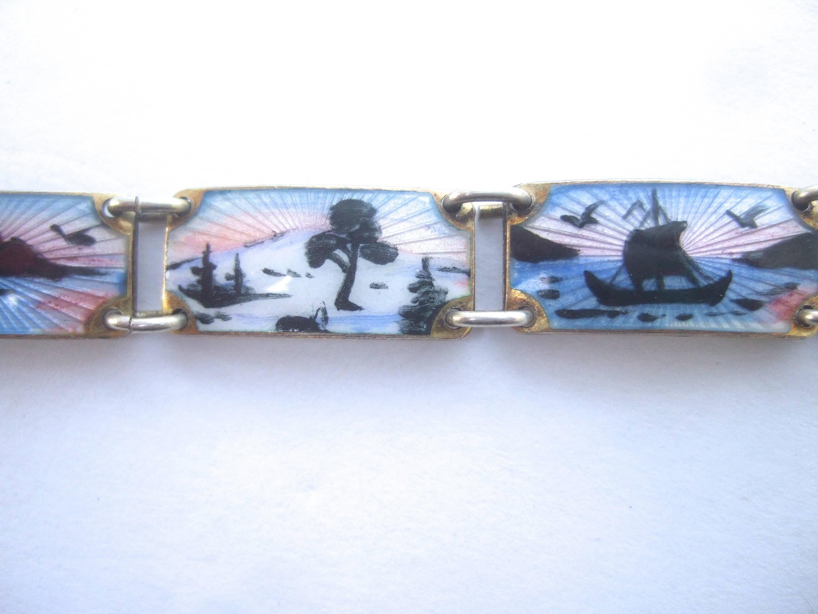 Norway Sterling Silver Guilloche Enamel Link Bracelet ca 1960 In Excellent Condition In University City, MO