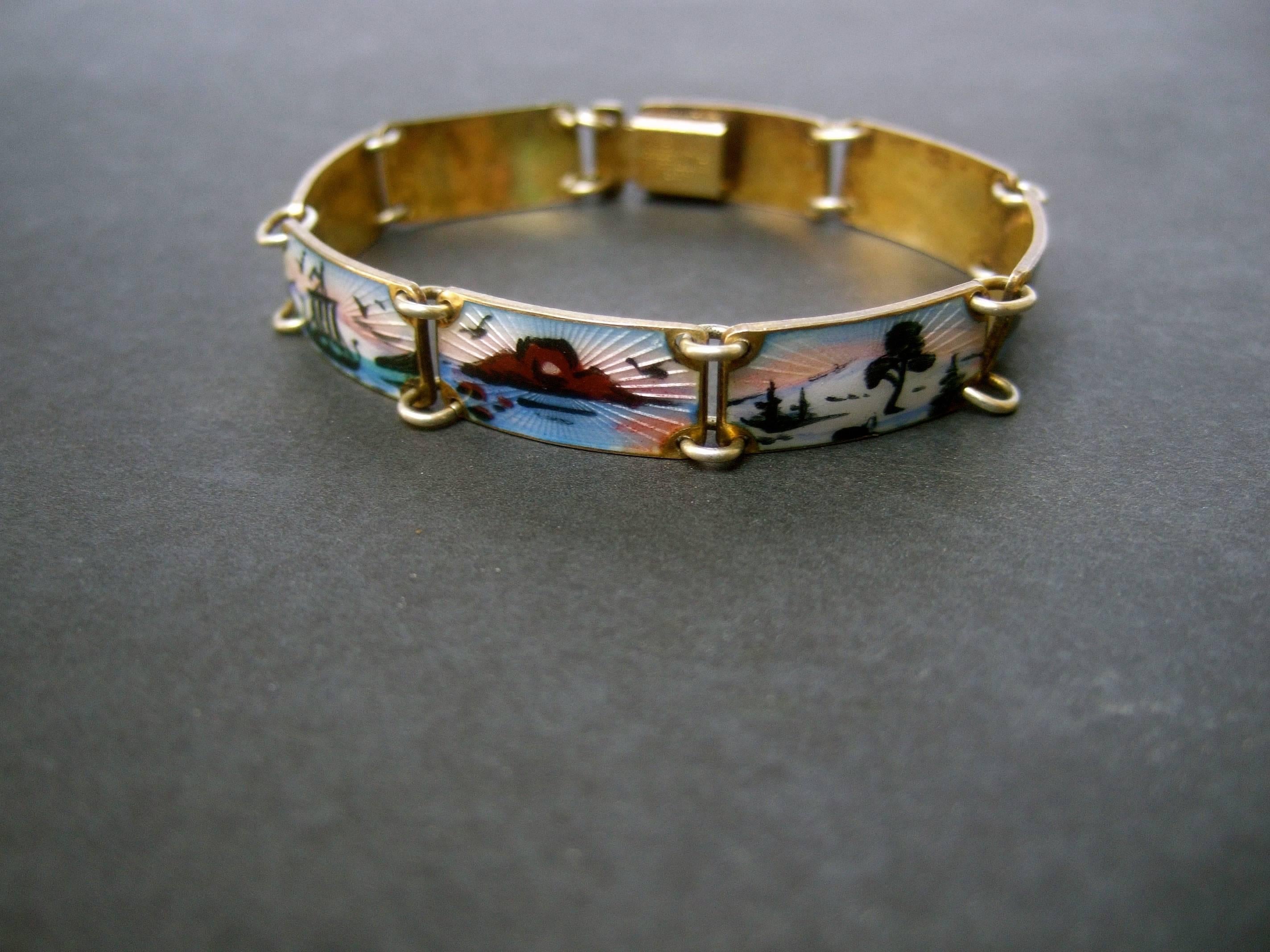 Women's Norway Sterling Silver Guilloche Enamel Link Bracelet ca 1960