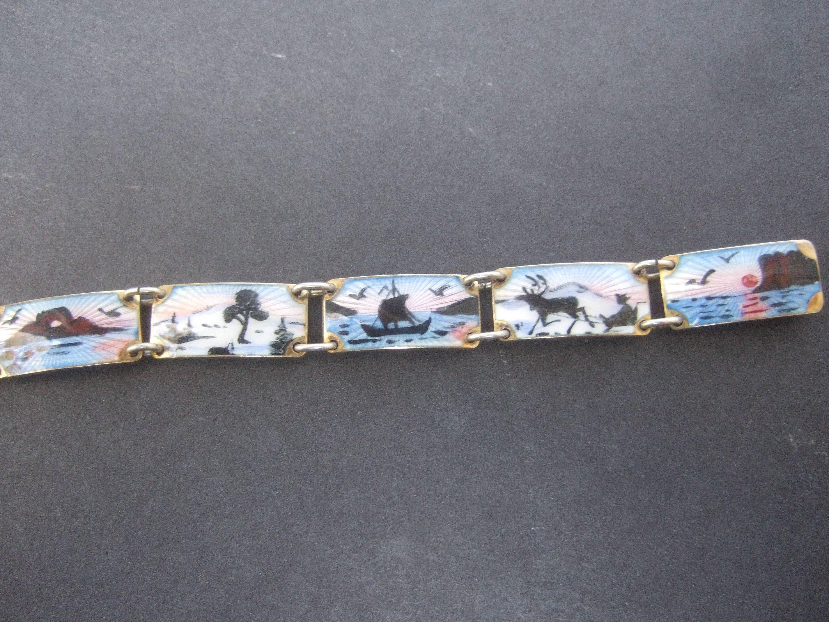 Norway Sterling Silver Guilloche Enamel Link Bracelet ca 1960 1