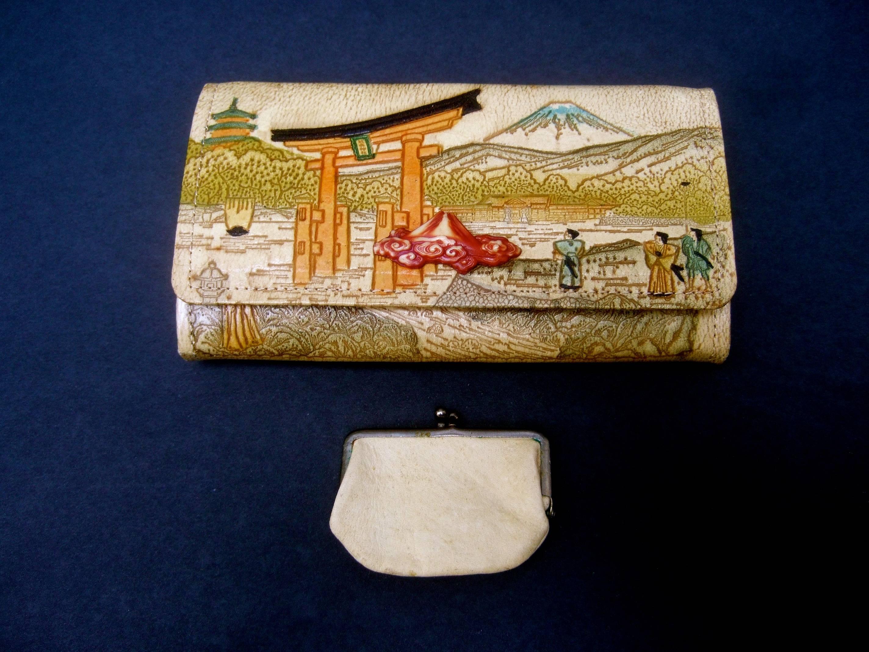 Women's Exotic Japanese Tooled Leather Clutch / Wallet ca 1960