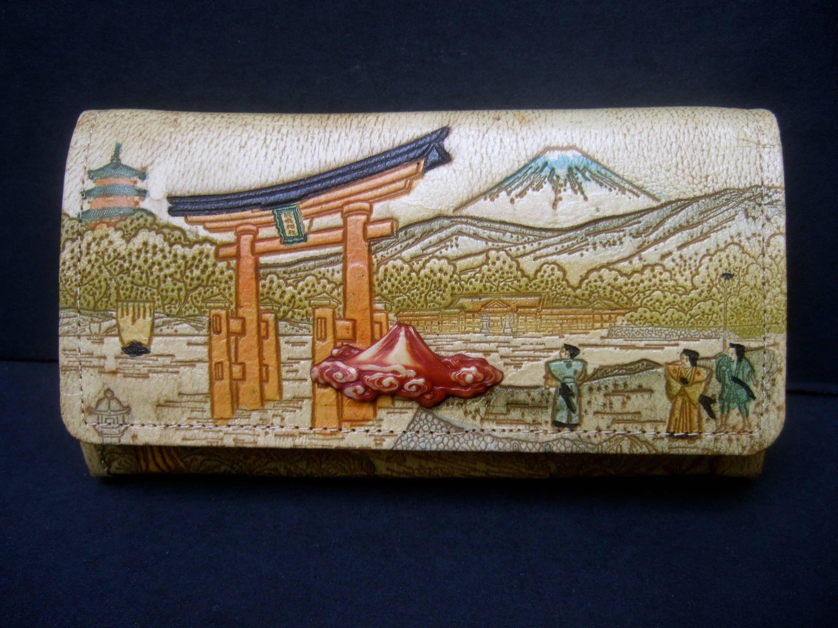 Exotic Japanese Tooled Leather Clutch / Wallet ca 1960 1