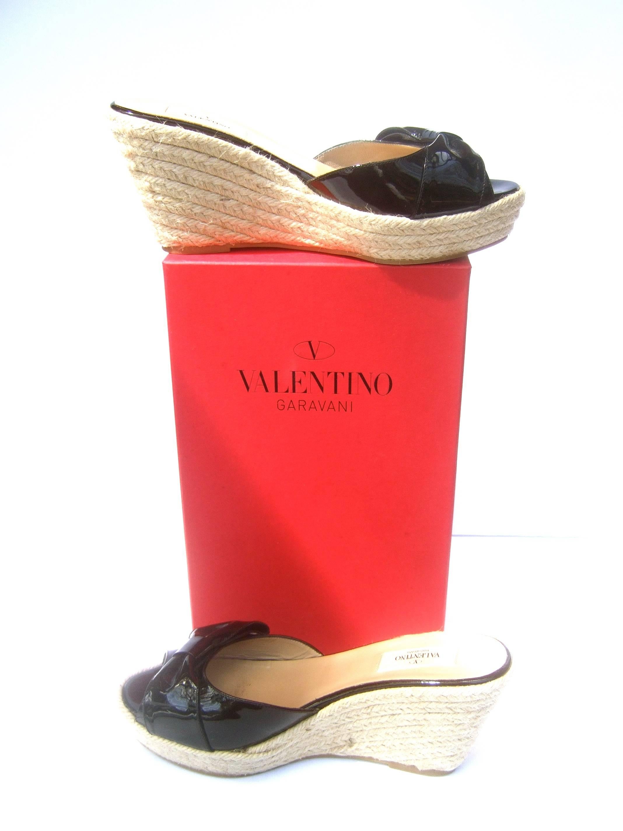 Beige Valentino Italy Black Patent Leather Wedge Rope Sandals Size 40 