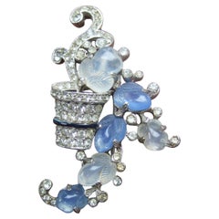 Trifari Phillipe Carved Glass Floral Rhodium Crystal Fur Clip Brooch c 1950s
