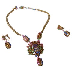 Miriam Haskell Pastel Glass Crystal Necklace & Dangle Clip on Earrings  c 1960