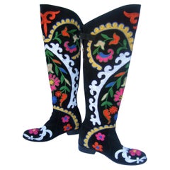 Unique Black Suede Floral Embroidered Knee Length Boots Size 38  21st C