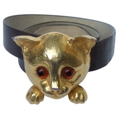 CHRISTOPHER ROSS Charming Huge Gilt Metal Feline Cat Buckle Belt c 1976