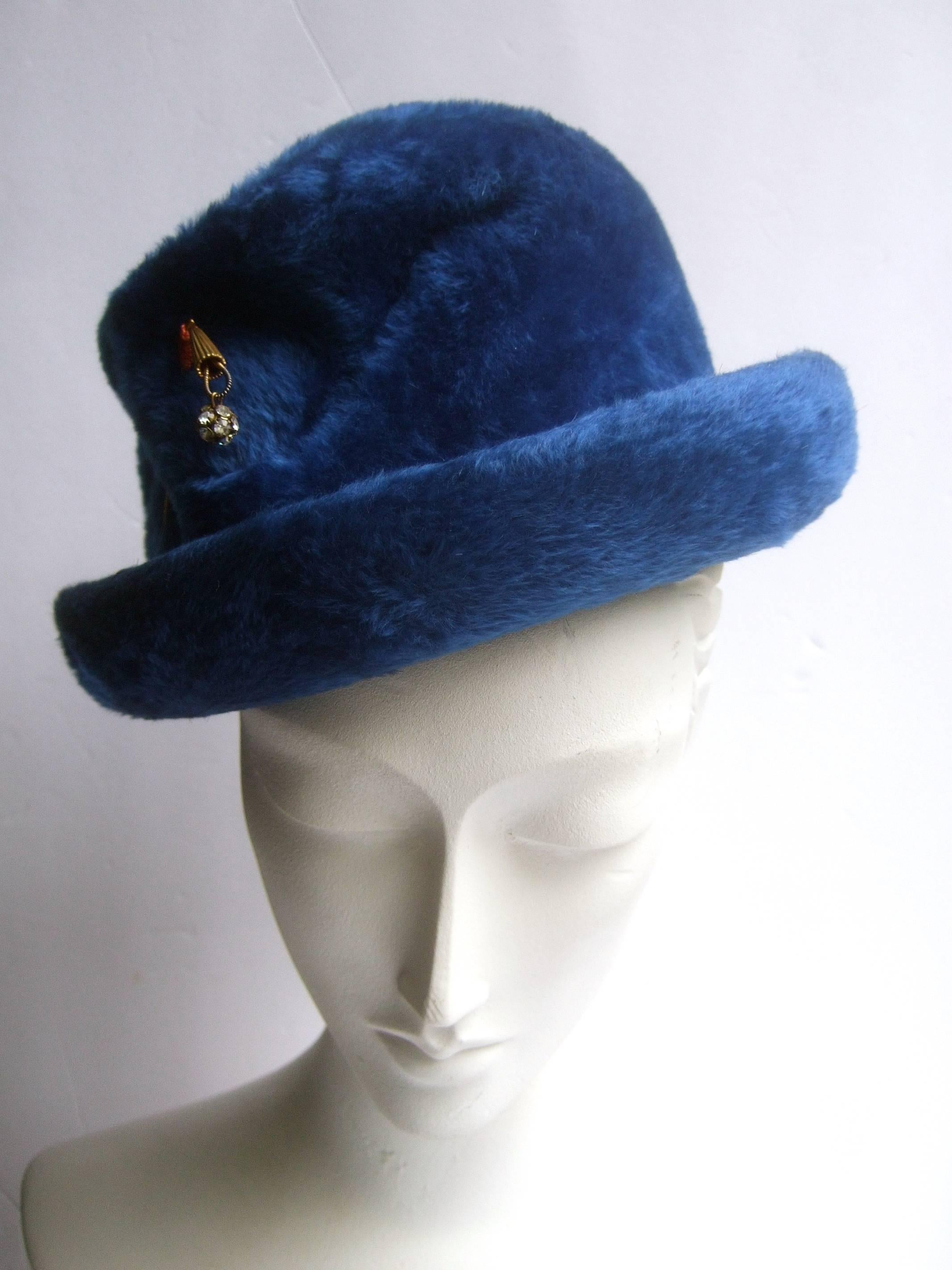 Women's Schiaparelli Paris Fuzzy Blue Wool Hat ca 1960