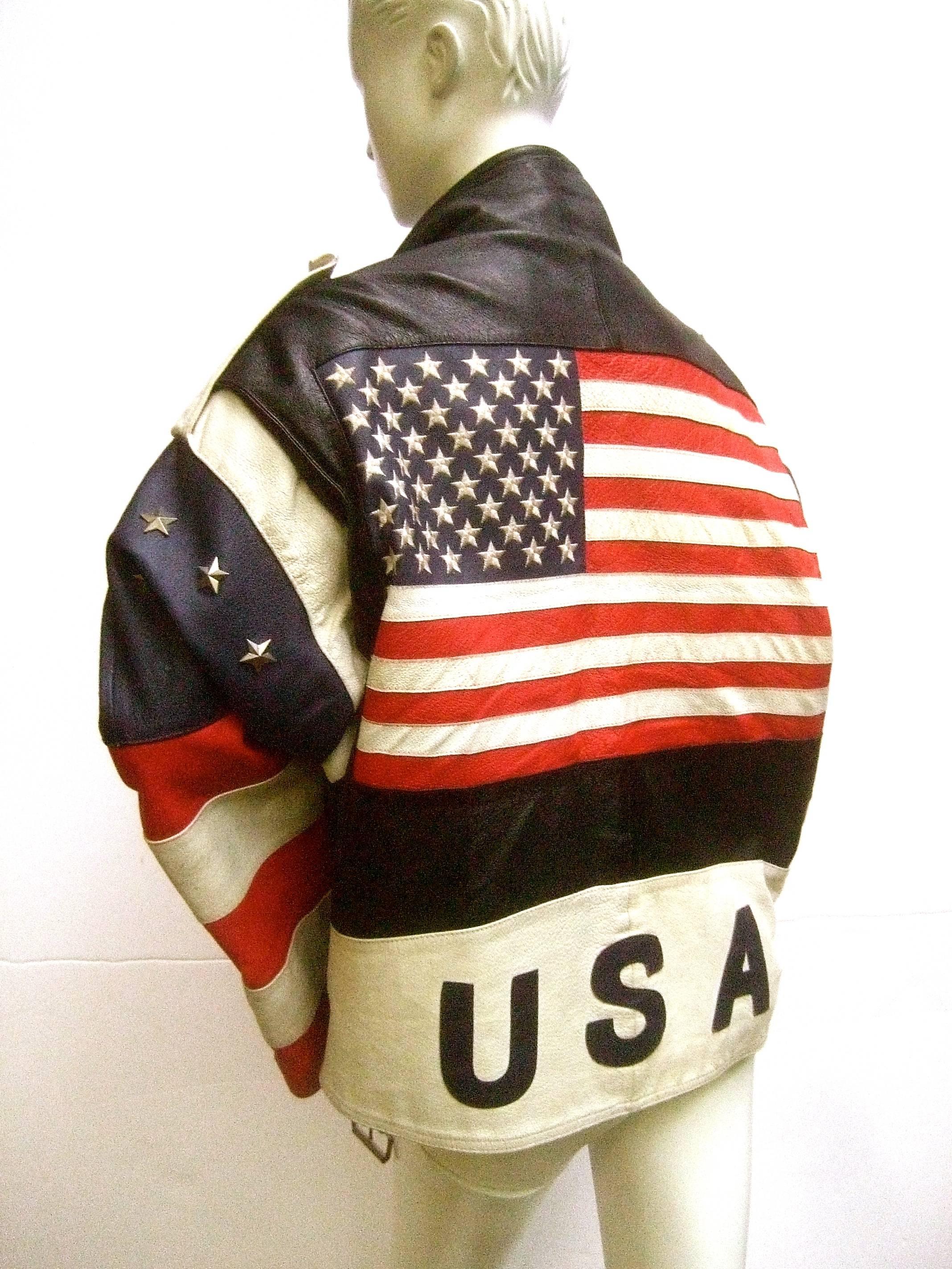 Beige Men's Leather Patriotic American Flag Motorcycle Jacket ca 1980s