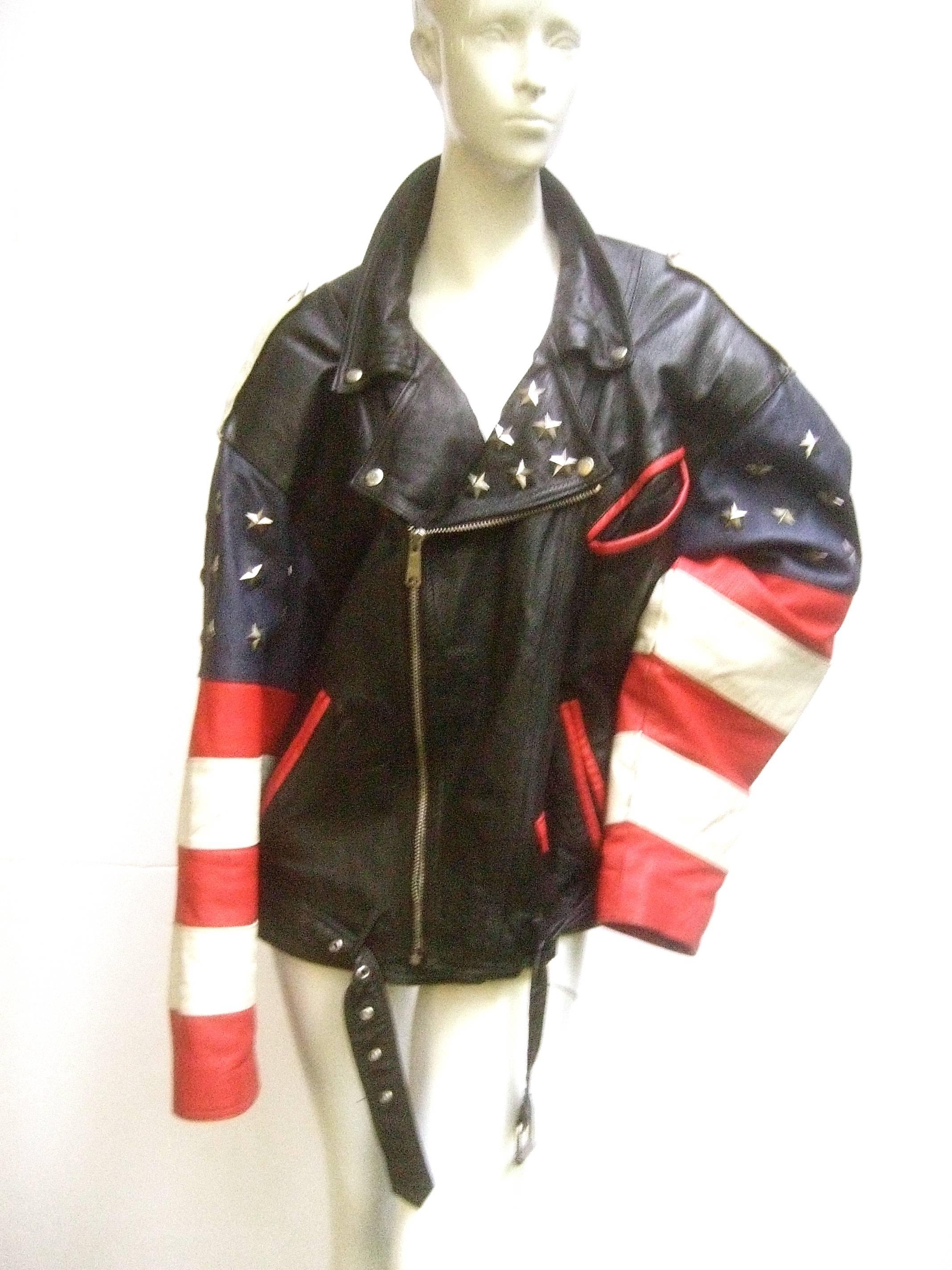 Men's Leather Patriotic American Flag Motorcycle Jacket ca 1980s 2