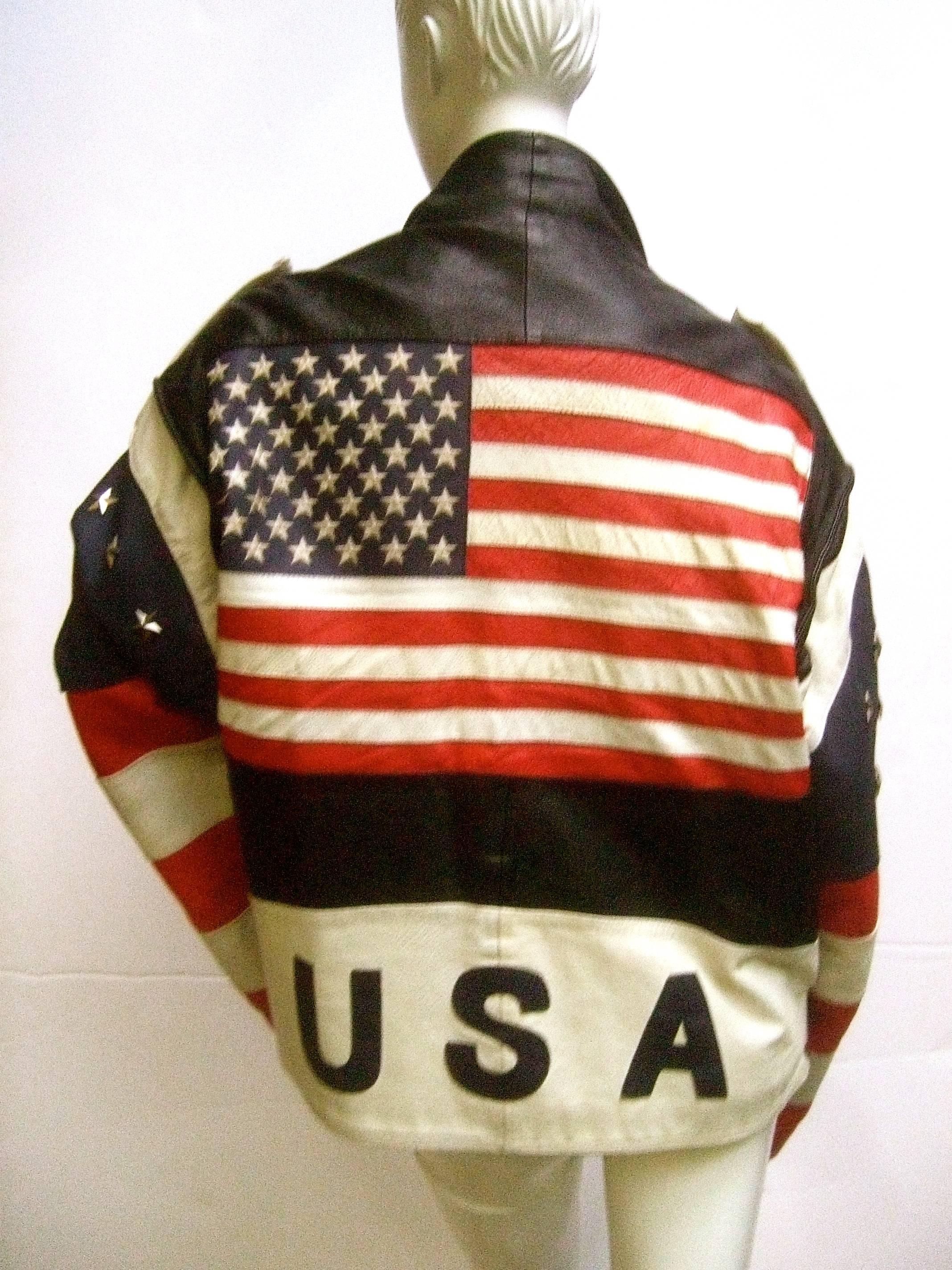 Men's Leather Patriotic American Flag Motorcycle Jacket ca 1980s 3