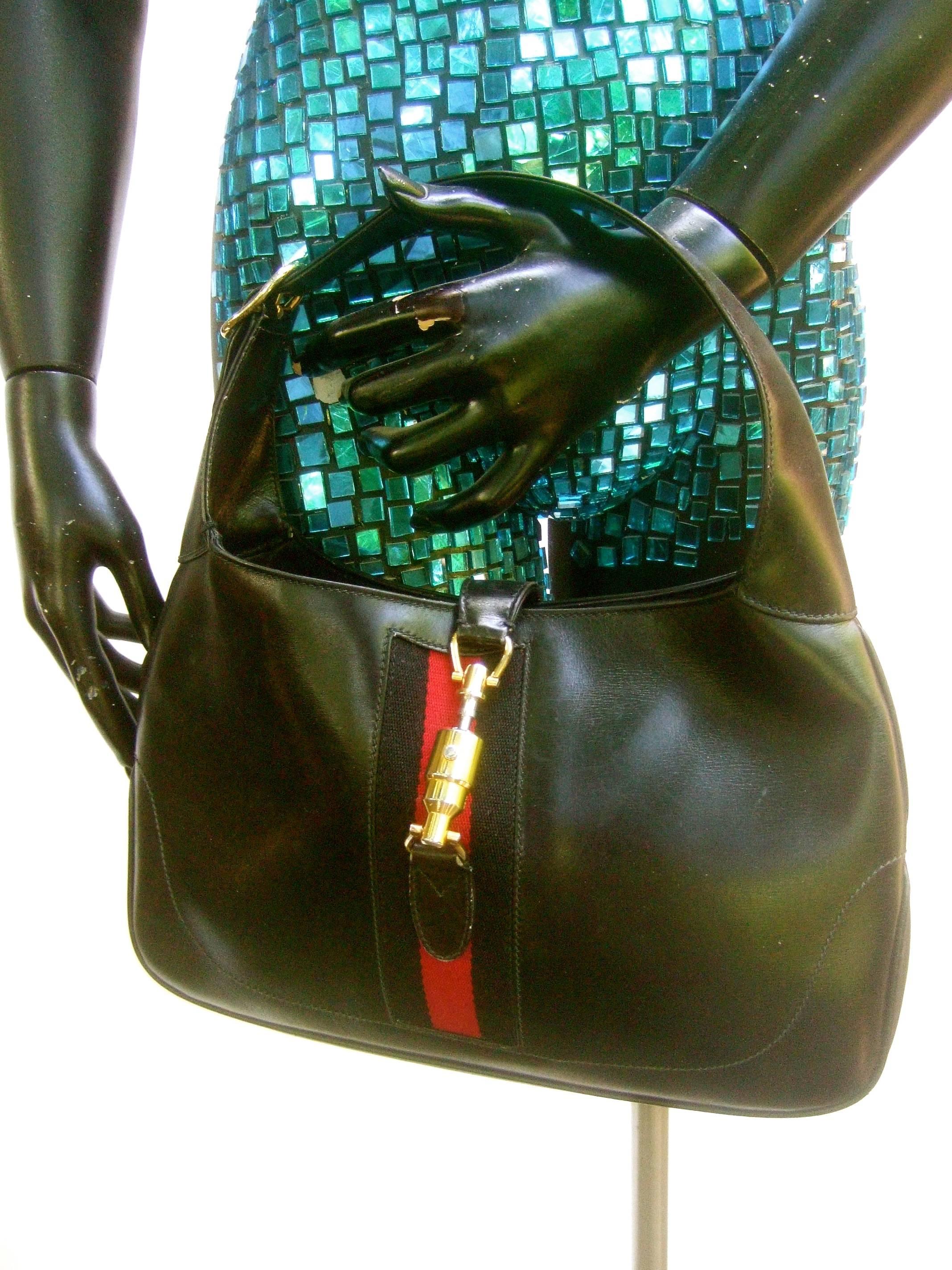 Gucci Italy Iconic Black Leather Piston Jackie O Handbag ca 1970s 1
