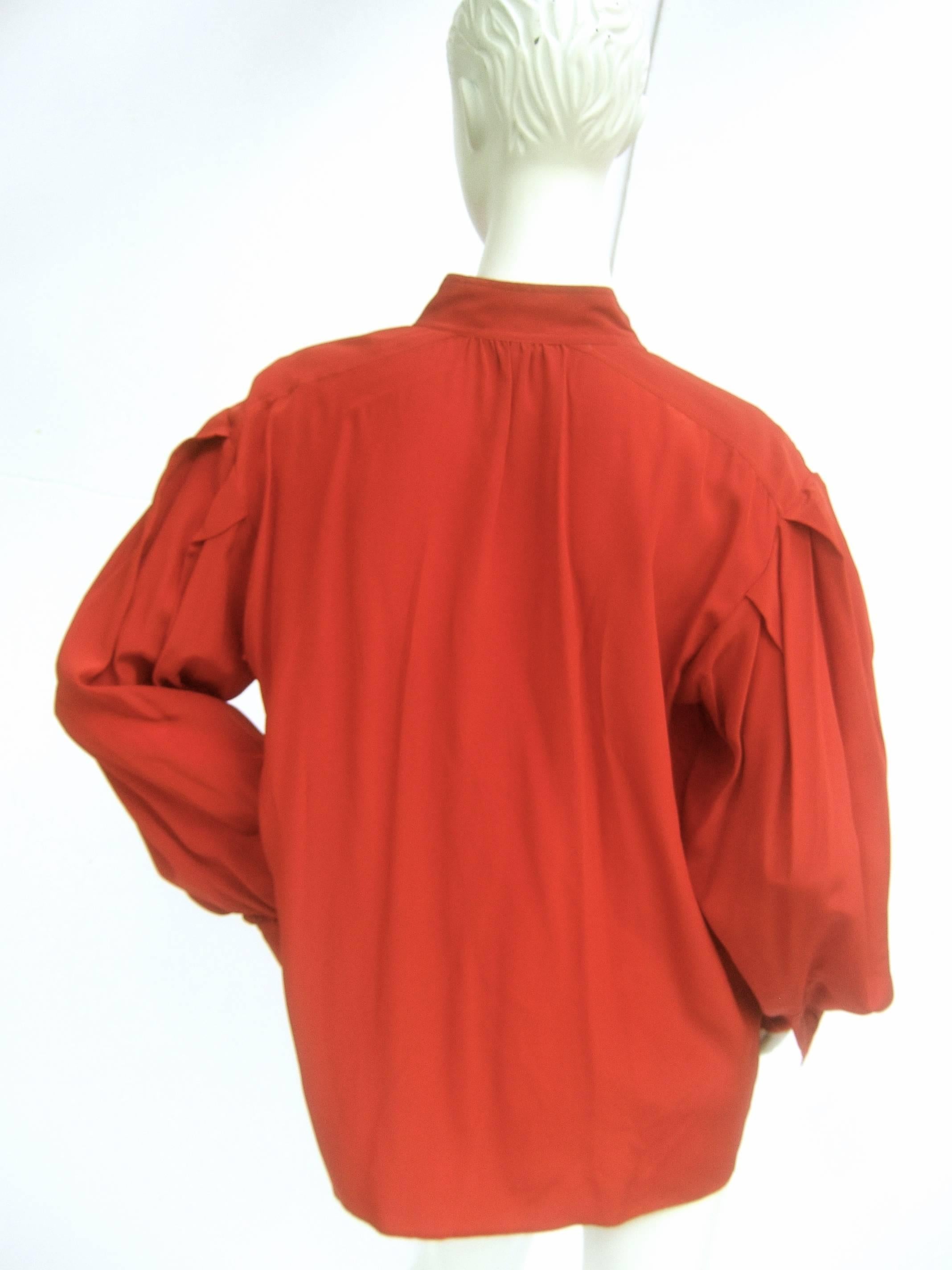 Saint Laurent Rive Gauche Crimson Red Silk Blouse c 1970s  2