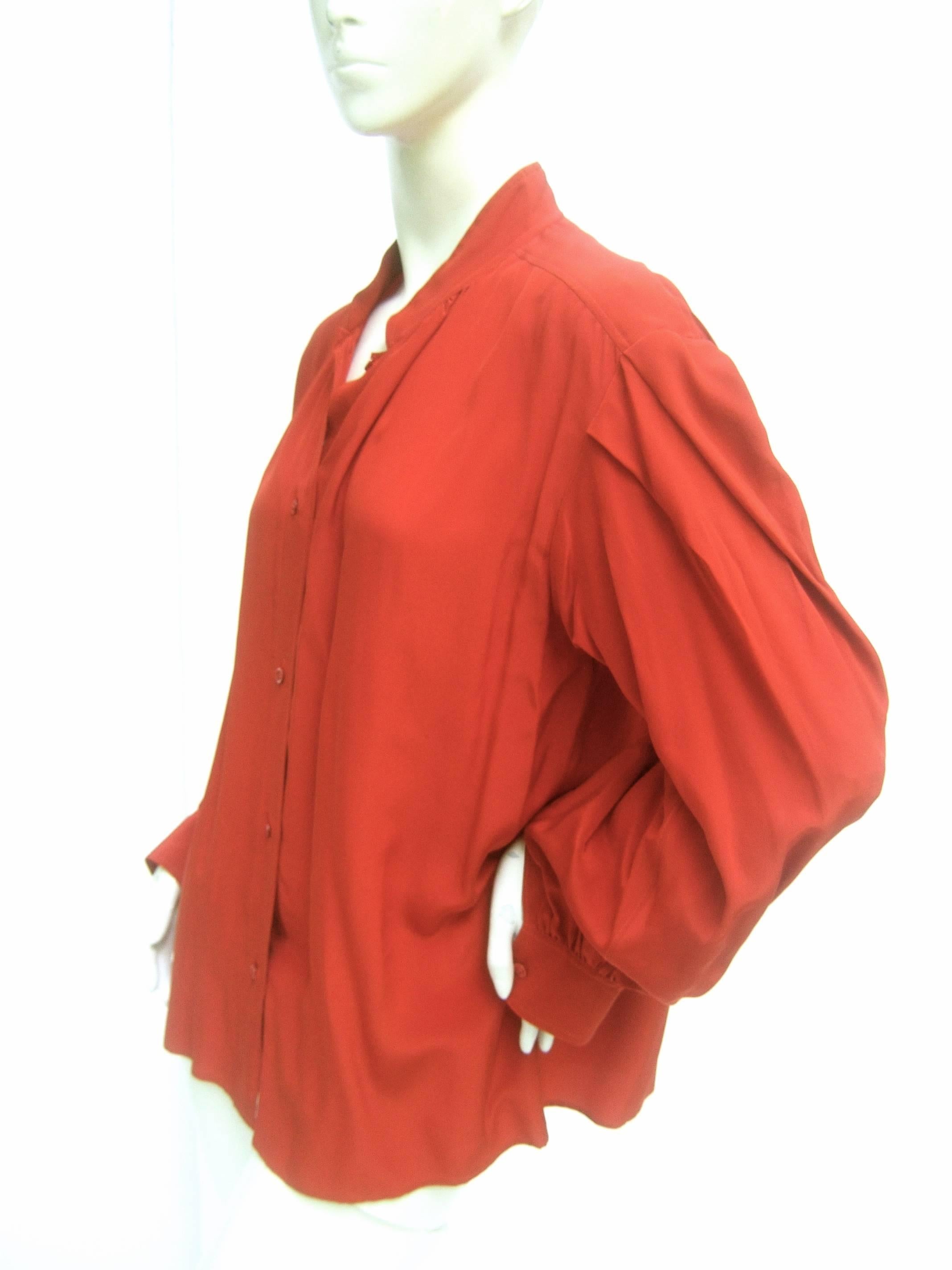 Saint Laurent Rive Gauche Crimson Red Silk Blouse c 1970s  In Good Condition In University City, MO