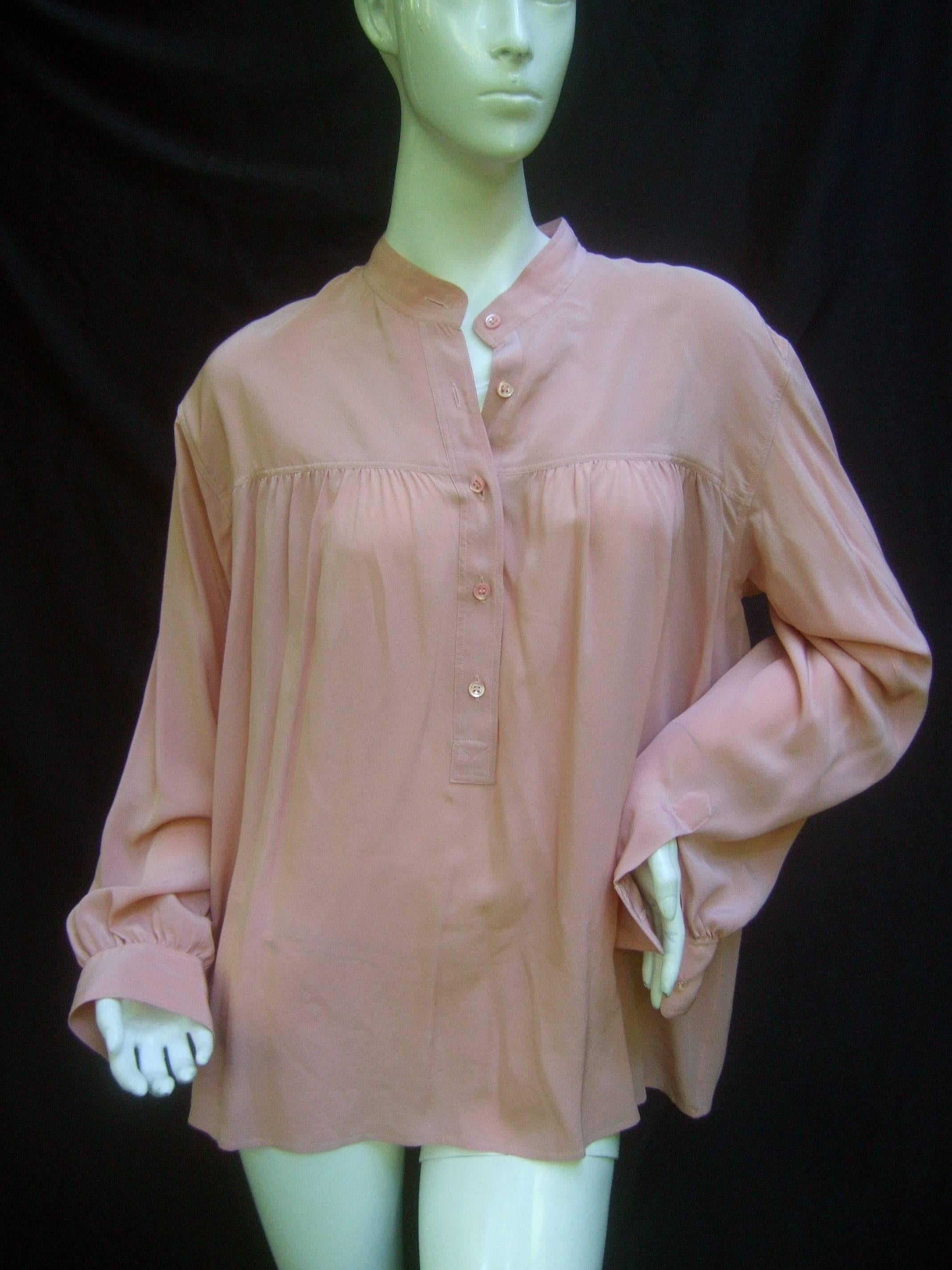 Saint Laurent Rive Gauche Mauve Pink Silk Tunic Blouse ca 1970s 1