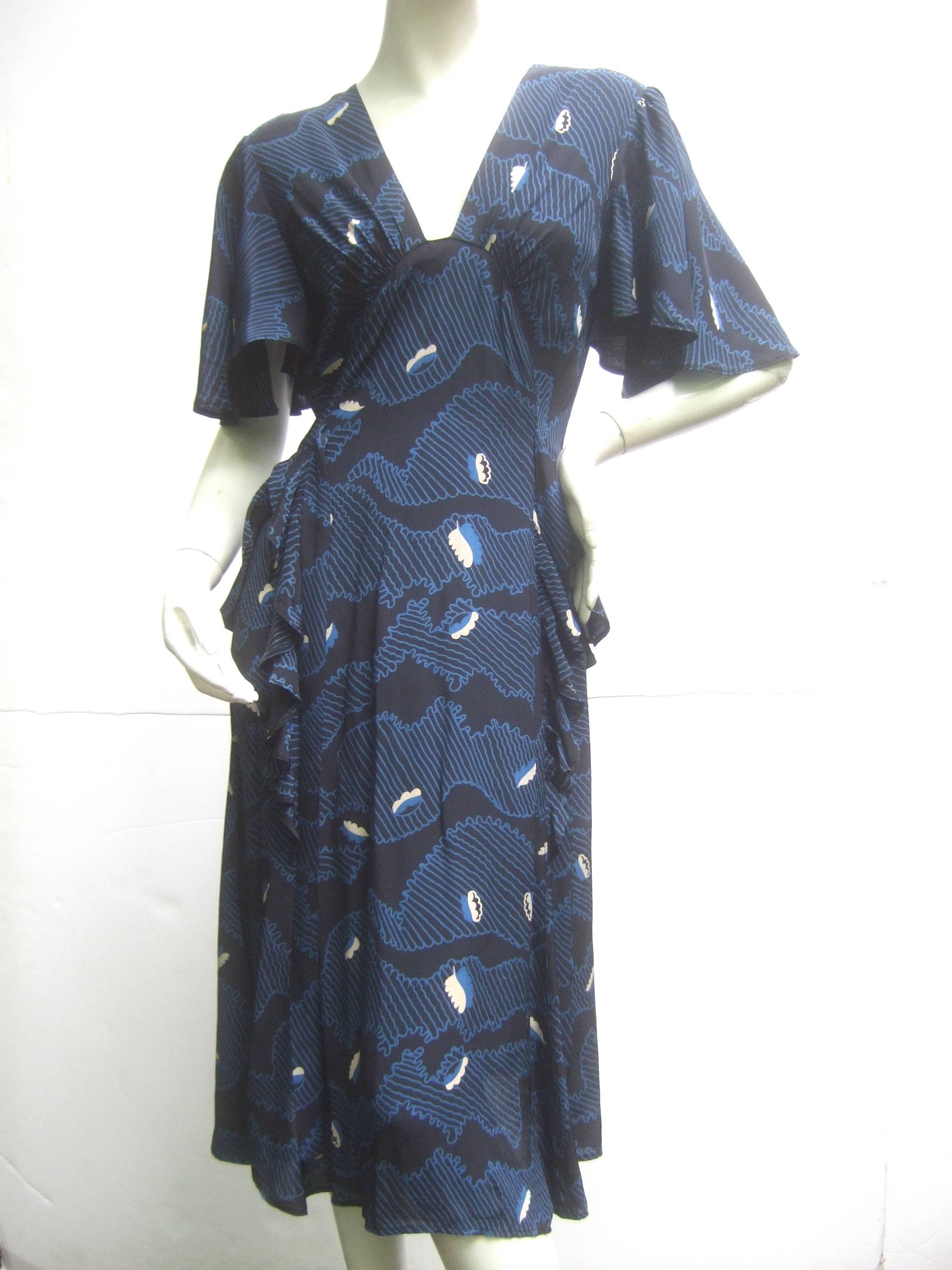 Black Ossie Clark Moss Crepe Dress with Celia Birtwell Fabric. Early 1970's.