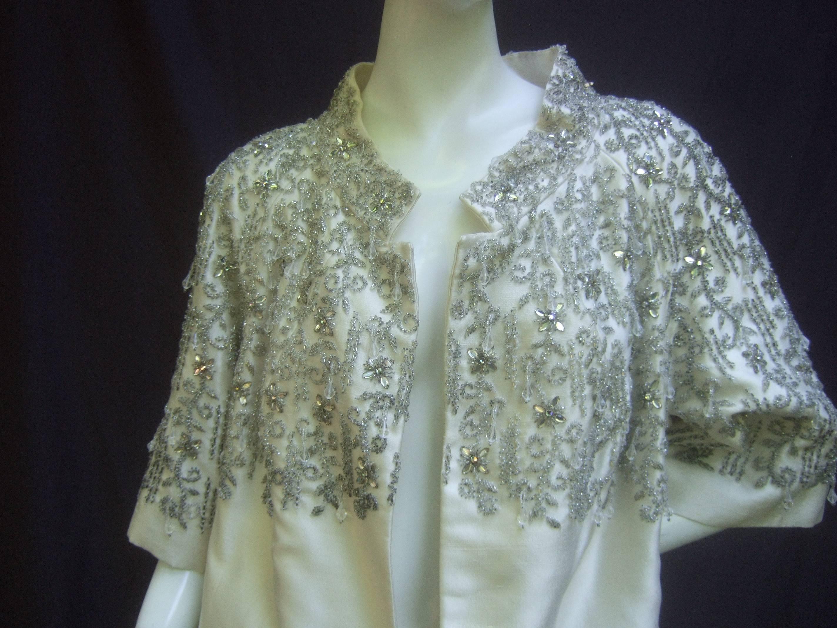 Gray Exquisite Oyster Silk Shantung Crystal Beaded Opera Coat c 1960