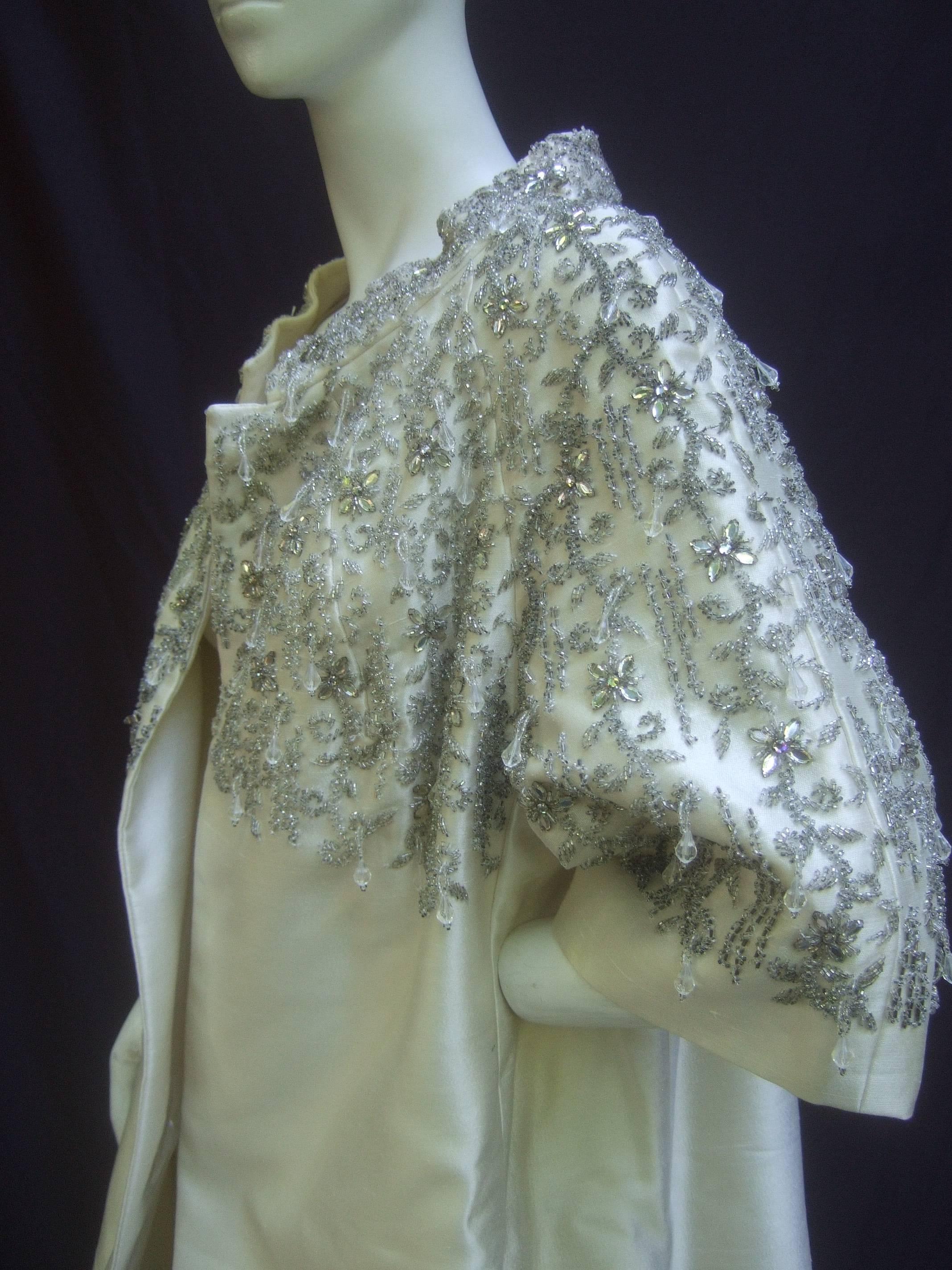 Exquisite Oyster Silk Shantung Crystal Beaded Opera Coat c 1960 1