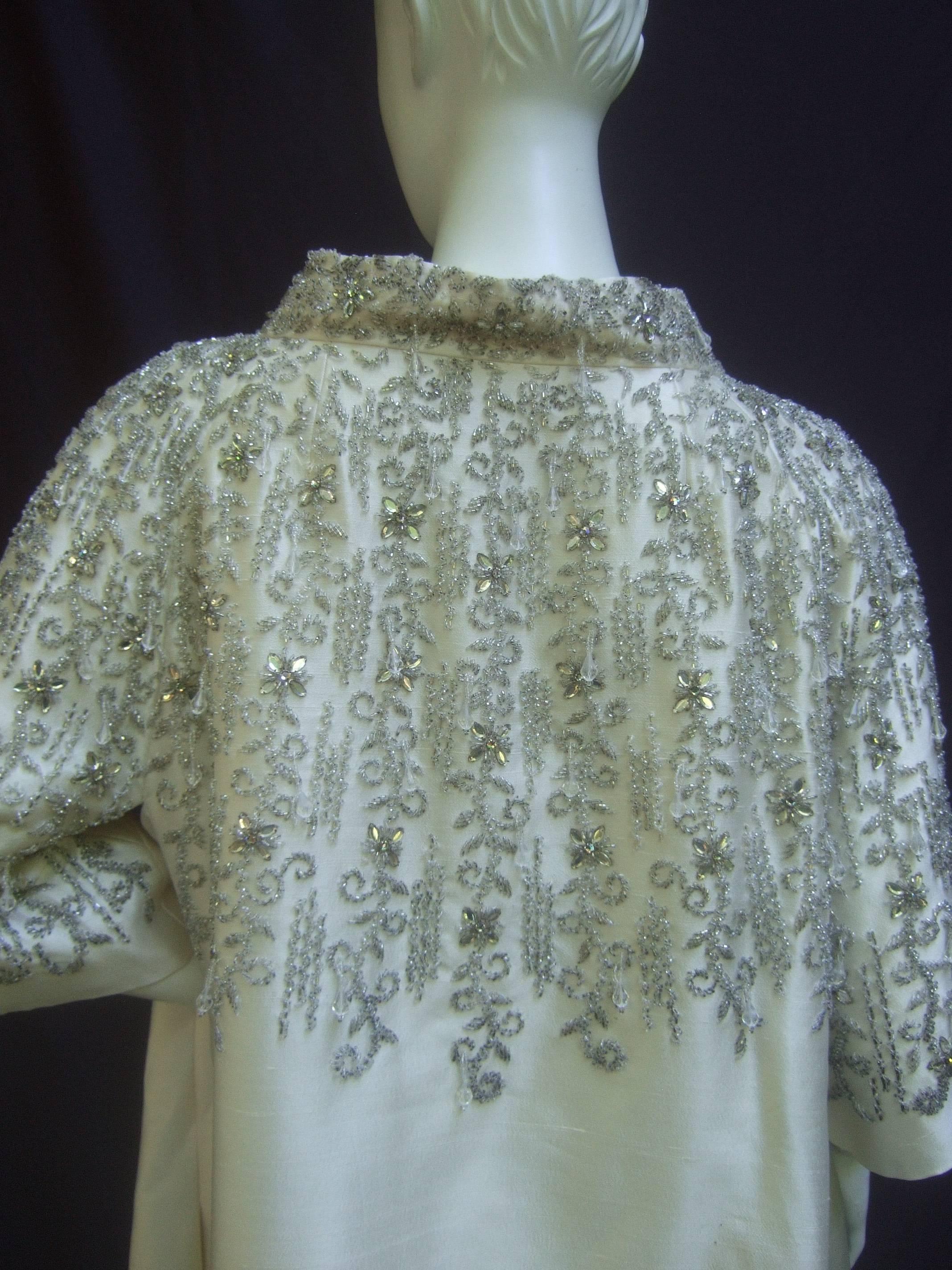 Exquisite Oyster Silk Shantung Crystal Beaded Opera Coat c 1960 3