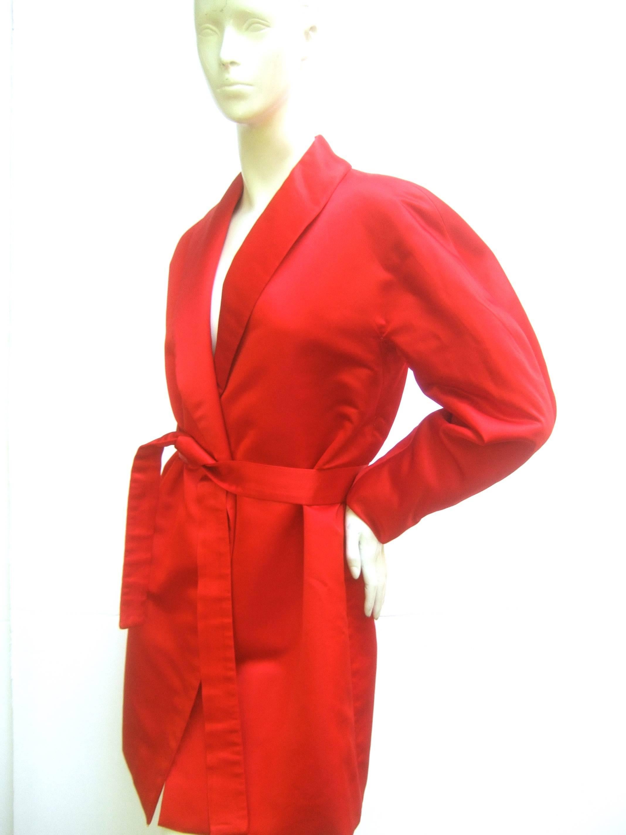 Cherry Red Halston Couture Belted Satin Jacket. 1970's. Studio 54. In Excellent Condition In University City, MO