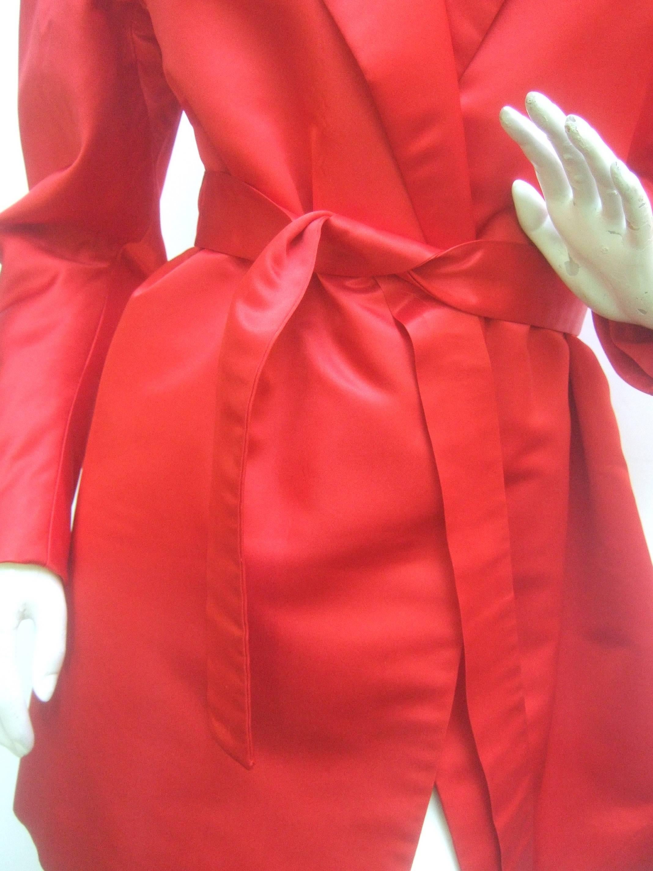 Women's or Men's Cherry Red Halston Couture Belted Satin Jacket. 1970's. Studio 54.