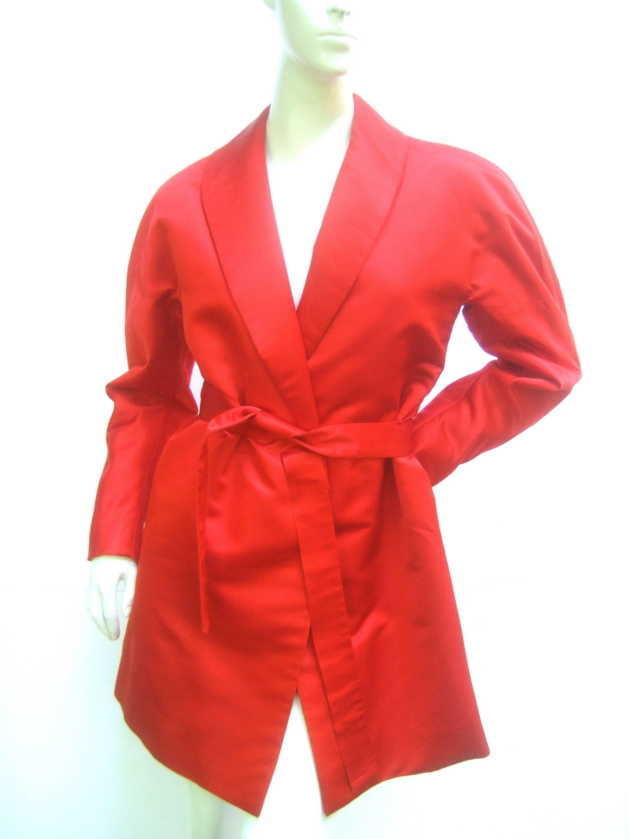 Cherry Red Halston Couture Belted Satin Jacket. 1970's. Studio 54. 2