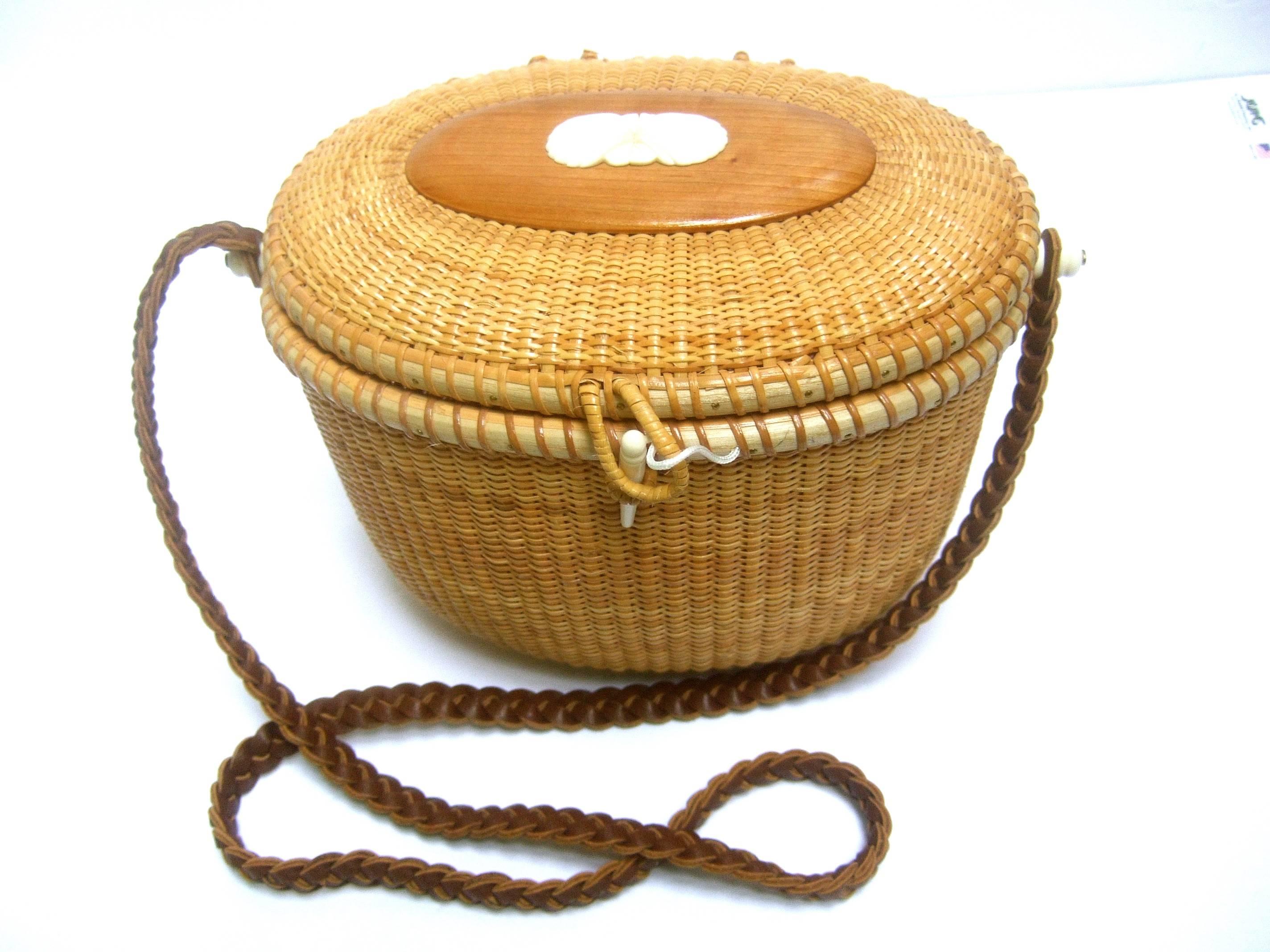 Brown Nantucket Style Oval Wicker Basket Shoulder Bag ca 1970s