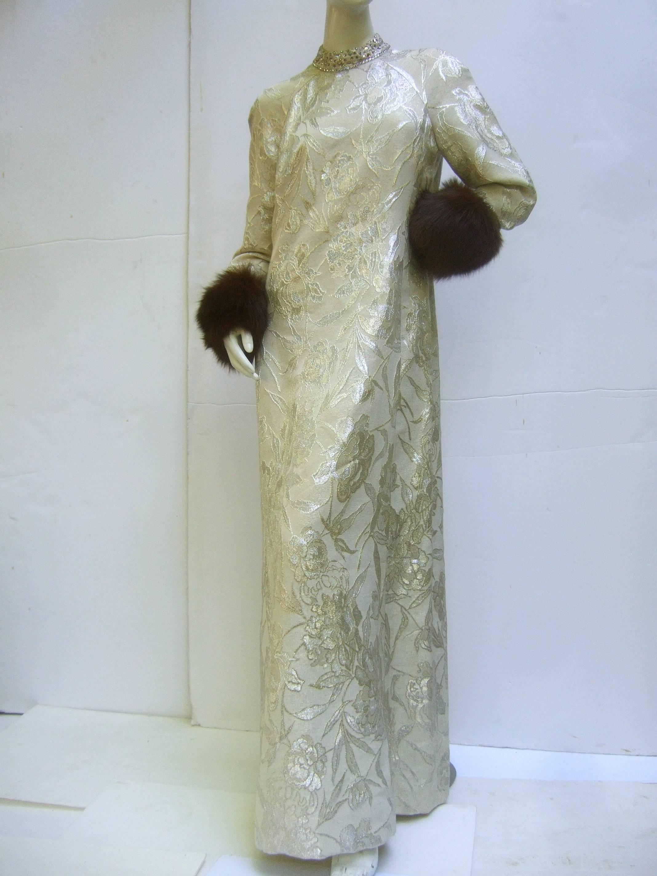 Gray Saks Fifth Avenue Champagne Metallic Brocade Fox Trim Gown ca 1970