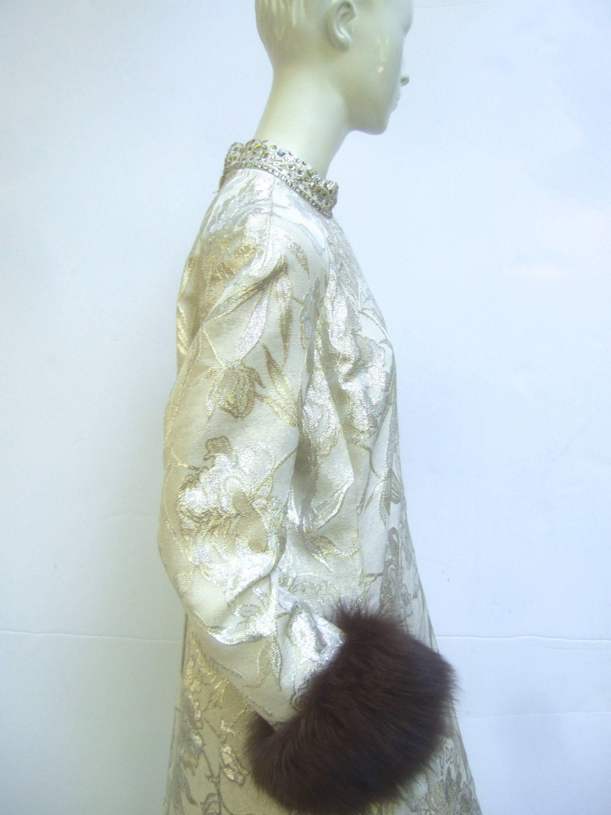 Women's Saks Fifth Avenue Champagne Metallic Brocade Fox Trim Gown ca 1970