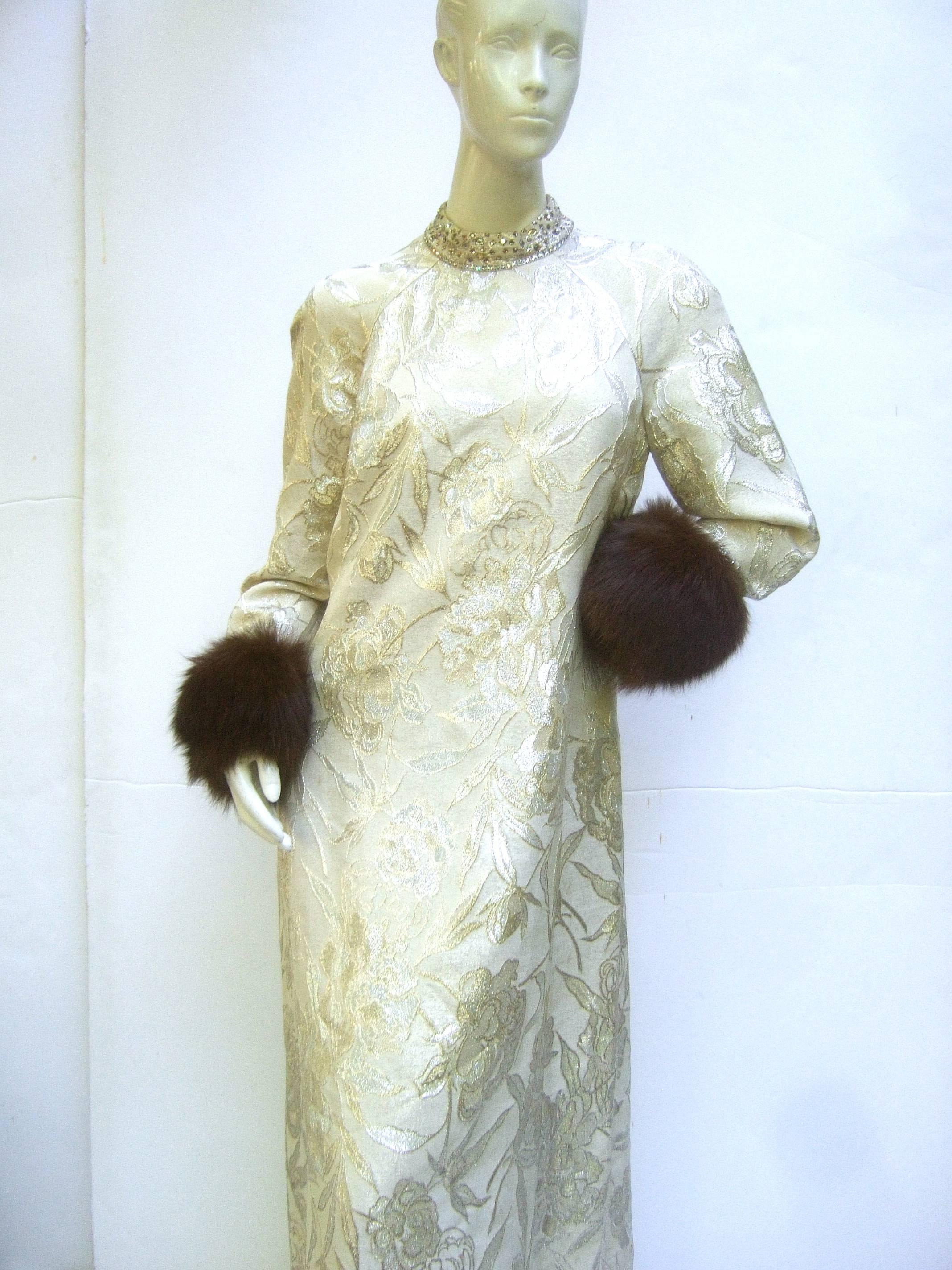 Saks Fifth Avenue Champagne Metallic Brocade Fox Trim Gown ca 1970 1