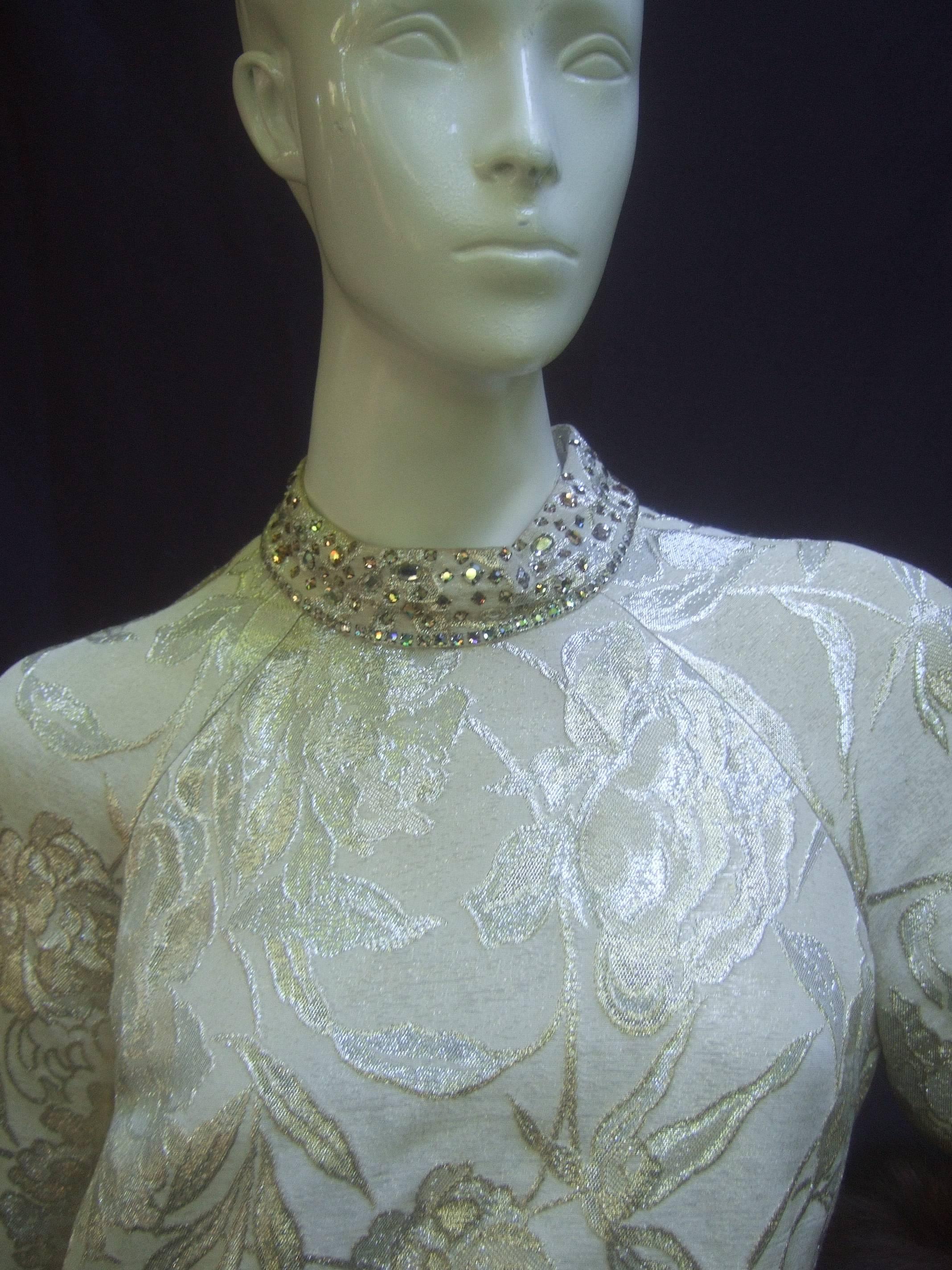 Saks Fifth Avenue Champagne Metallic Brocade Fox Trim Gown ca 1970 2