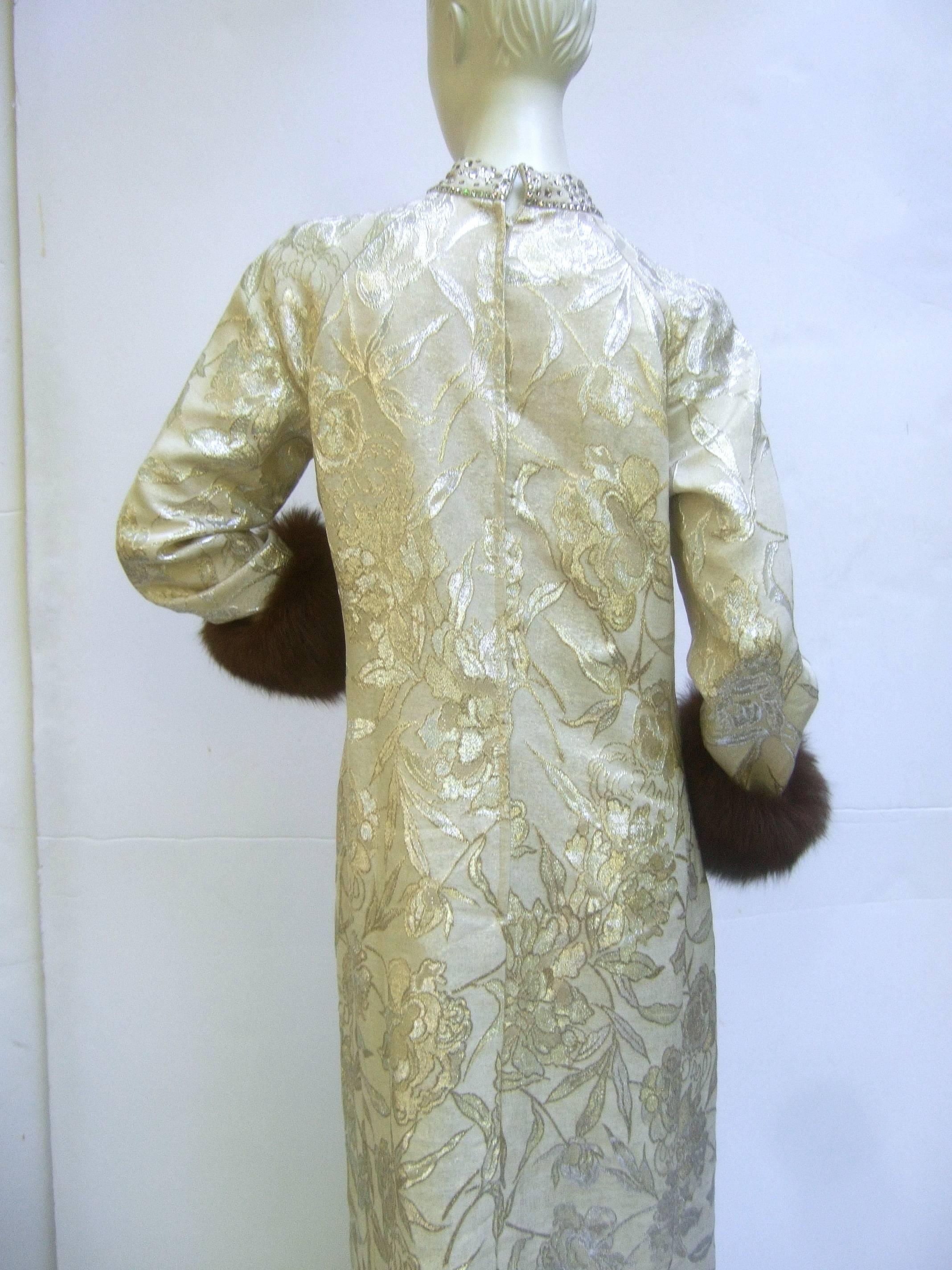Saks Fifth Avenue Champagne Metallic Brocade Fox Trim Gown ca 1970 5