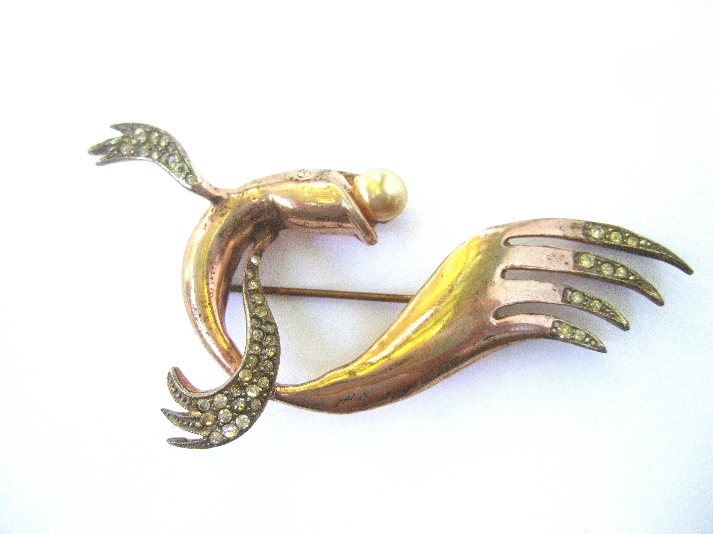 Women's 1940s Sterling Vermeil Art Deco Stylized Fish Brooch Set  For Sale