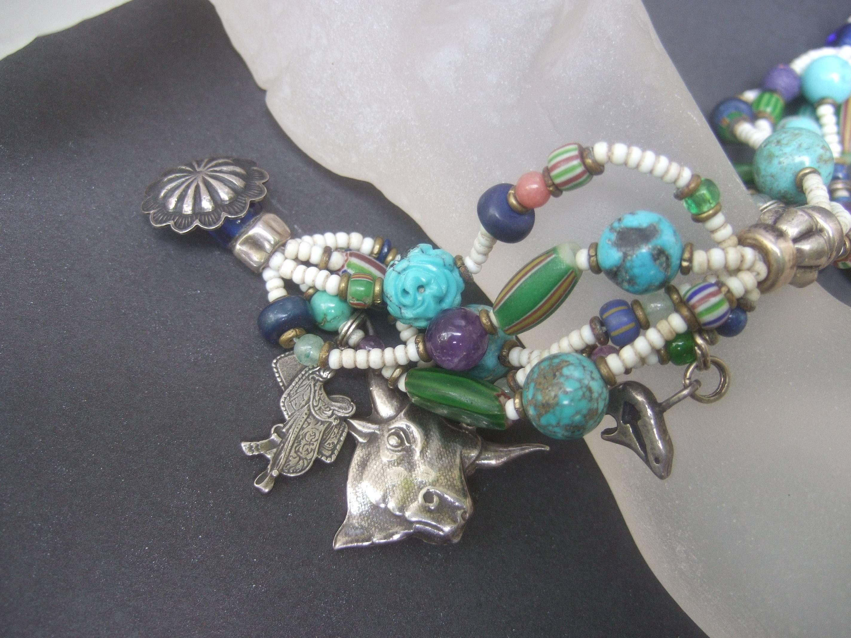 Semi Precious Sterling Silver Western Theme Charm Bracelet  ca 1980s In Excellent Condition For Sale In University City, MO