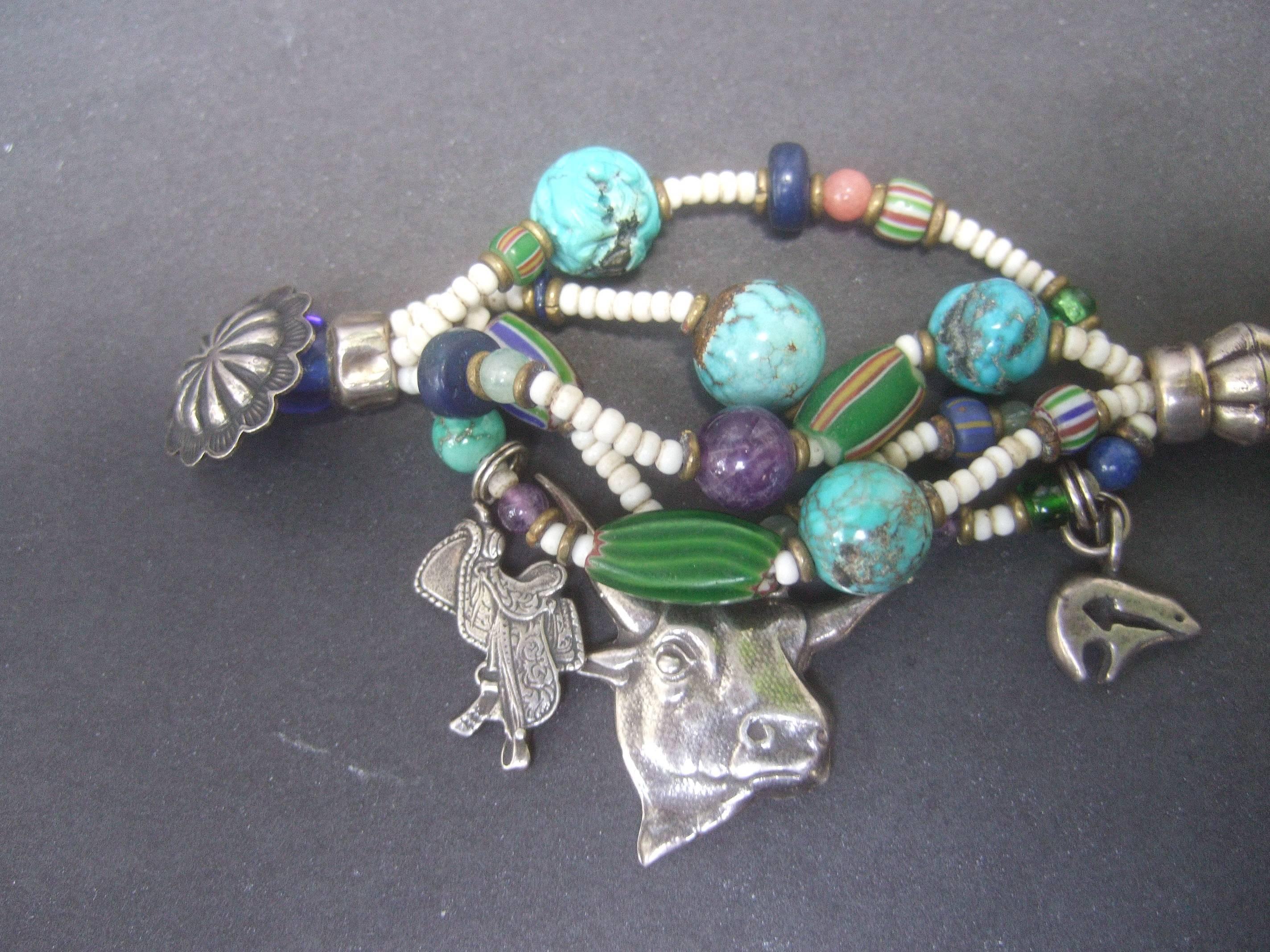 Women's Semi Precious Sterling Silver Western Theme Charm Bracelet  ca 1980s For Sale