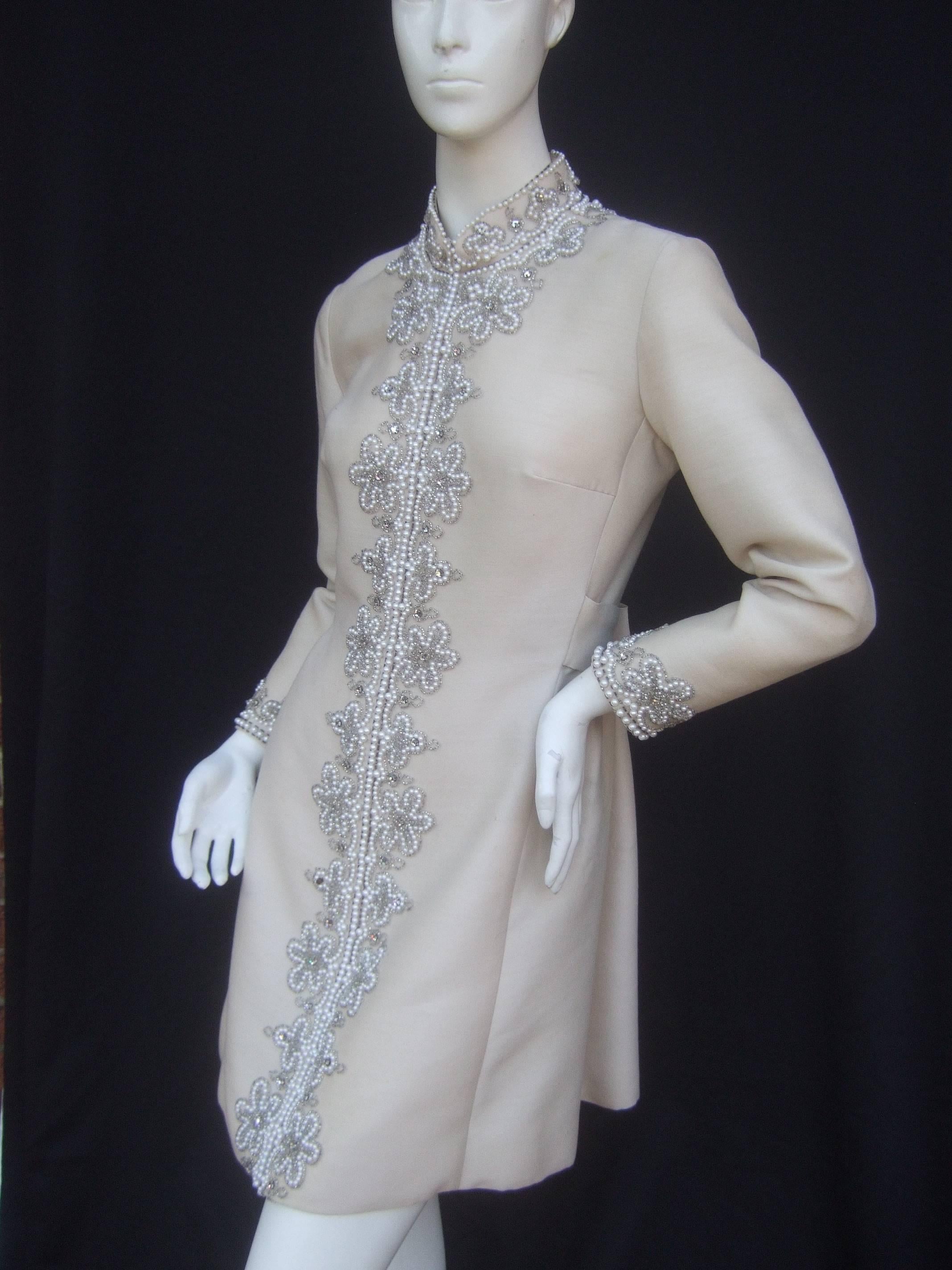 Neiman Marcus Champagne Beaded Tunic Dress ca 1970 In Good Condition In University City, MO