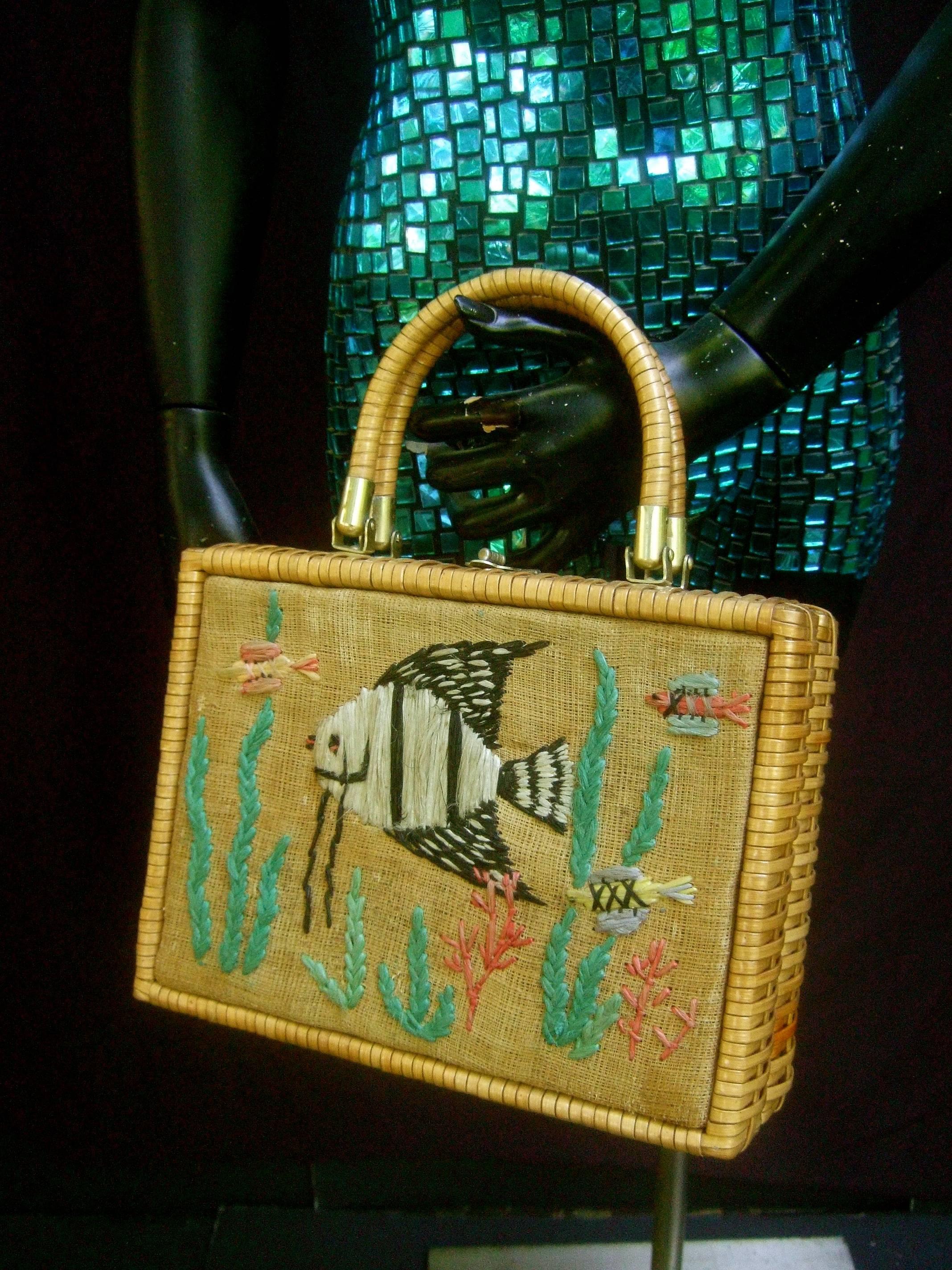 Women's Whimsical Wicker Straw Embroidered Sea Life Handbag ca 1960