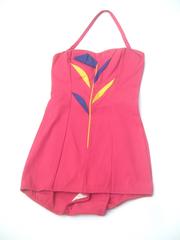 Late 1950's Rose Pink Pin Up Style Swimsuit with Floral Applique.