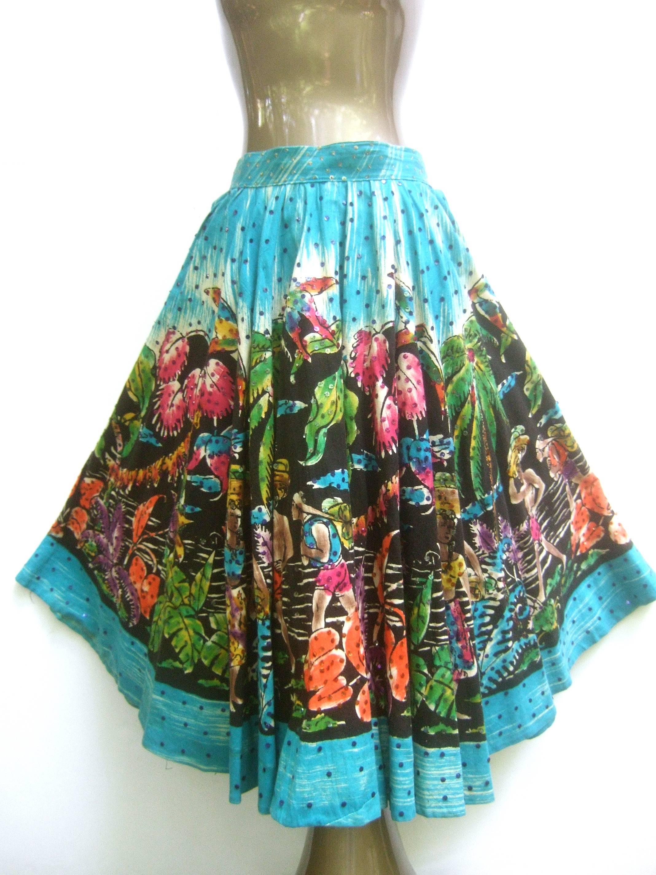 1950s Tropical Polynesian Hand Painted Cotton Skirt  2