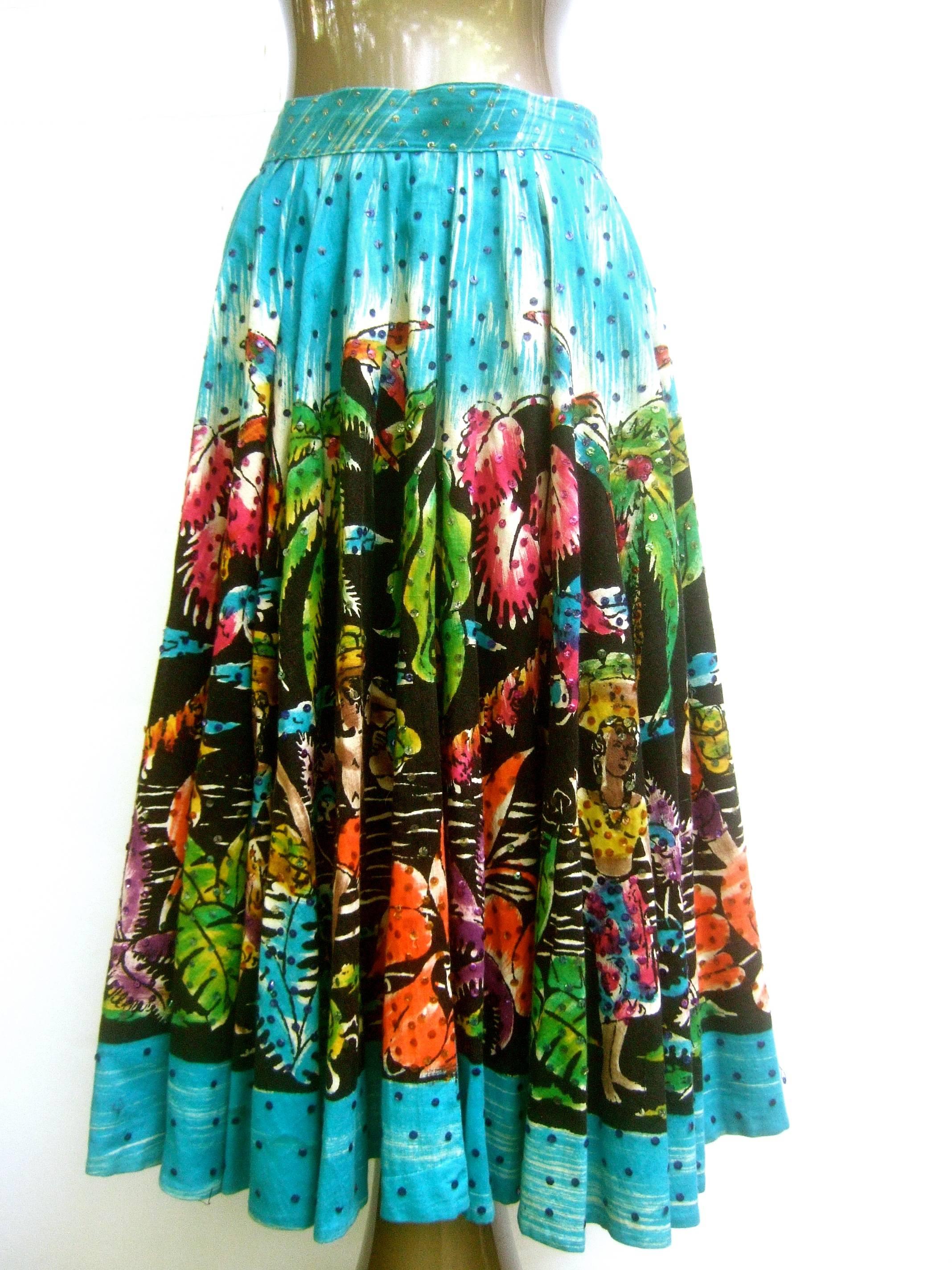 1950s Tropical Polynesian hand painted cotton skirt 
The unique midcentury skirt is illustrated with a vibrant 
hand painted jungle scene with sexy couples, migrant
workers surrounded with lush tropical flowers and foliage 

The figures and